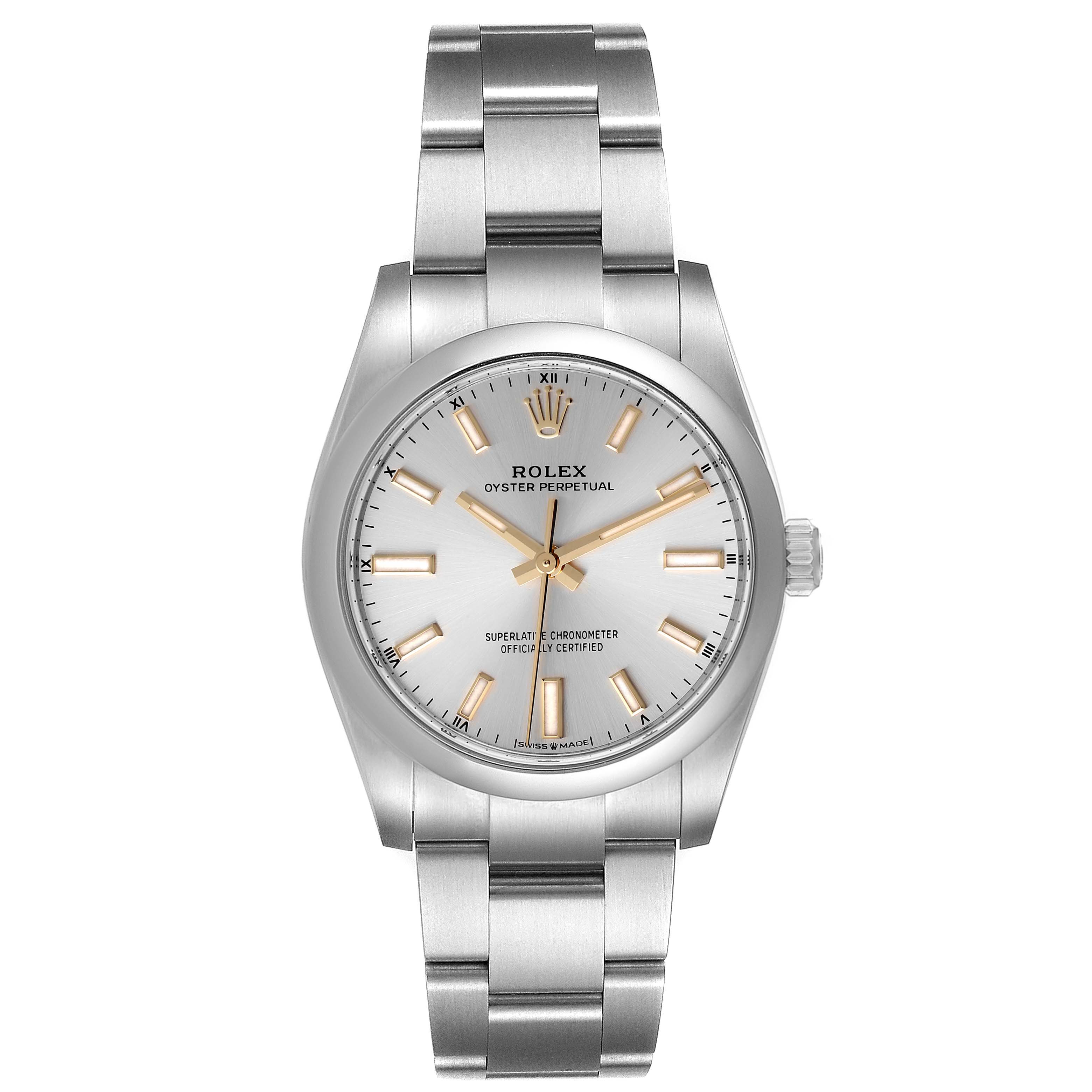 The image shows a frontal view of a Rolex Oyster Perpetual 124200 Men's Stainless Steel Silver Dial 124200 Men's Stainless Steel Silver Dial watch displaying the dial, hands, crown, and bracelet.