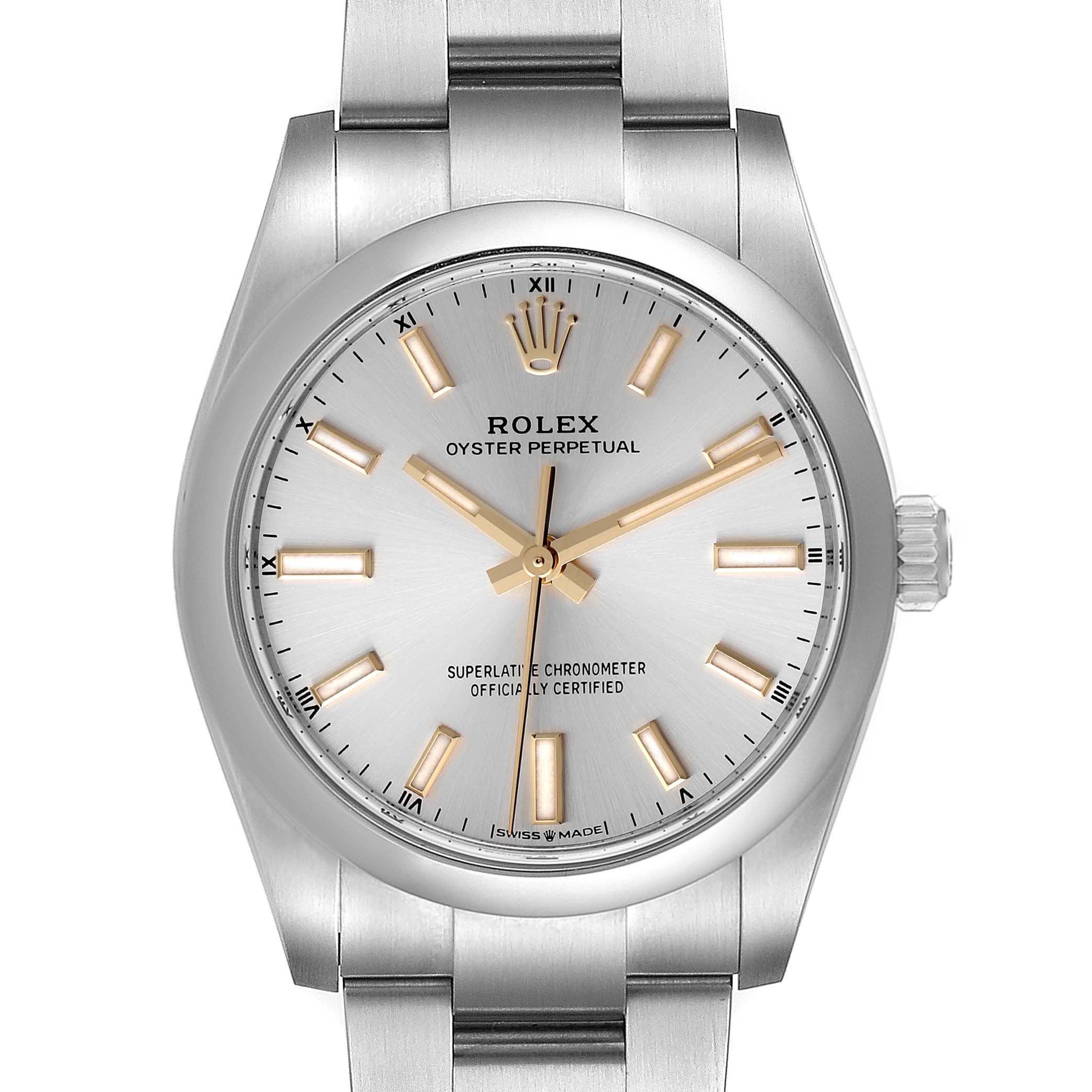 The image shows a front view of a Rolex Oyster Perpetual 124200 Men's Stainless Steel Silver Dial 124200 Men's Stainless Steel Silver Dial watch, highlighting the watch face, bezel, bracelet, and crown.