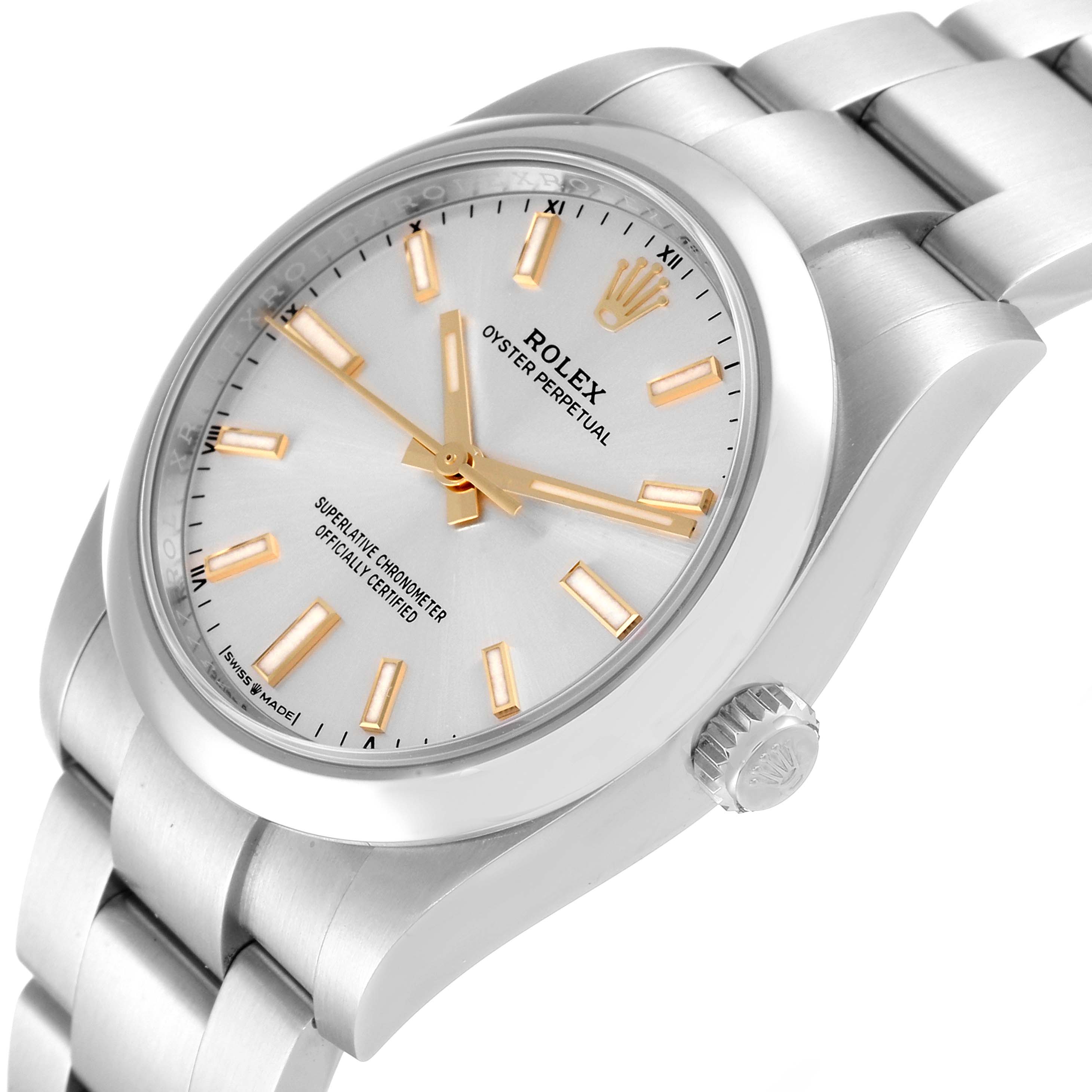 This image shows a close-up angled view of the Rolex Oyster Perpetual 124200 Men's Stainless Steel Silver Dial 124200 Men's Stainless Steel Silver Dial watch, highlighting the dial, bezel, crown, and bracelet.