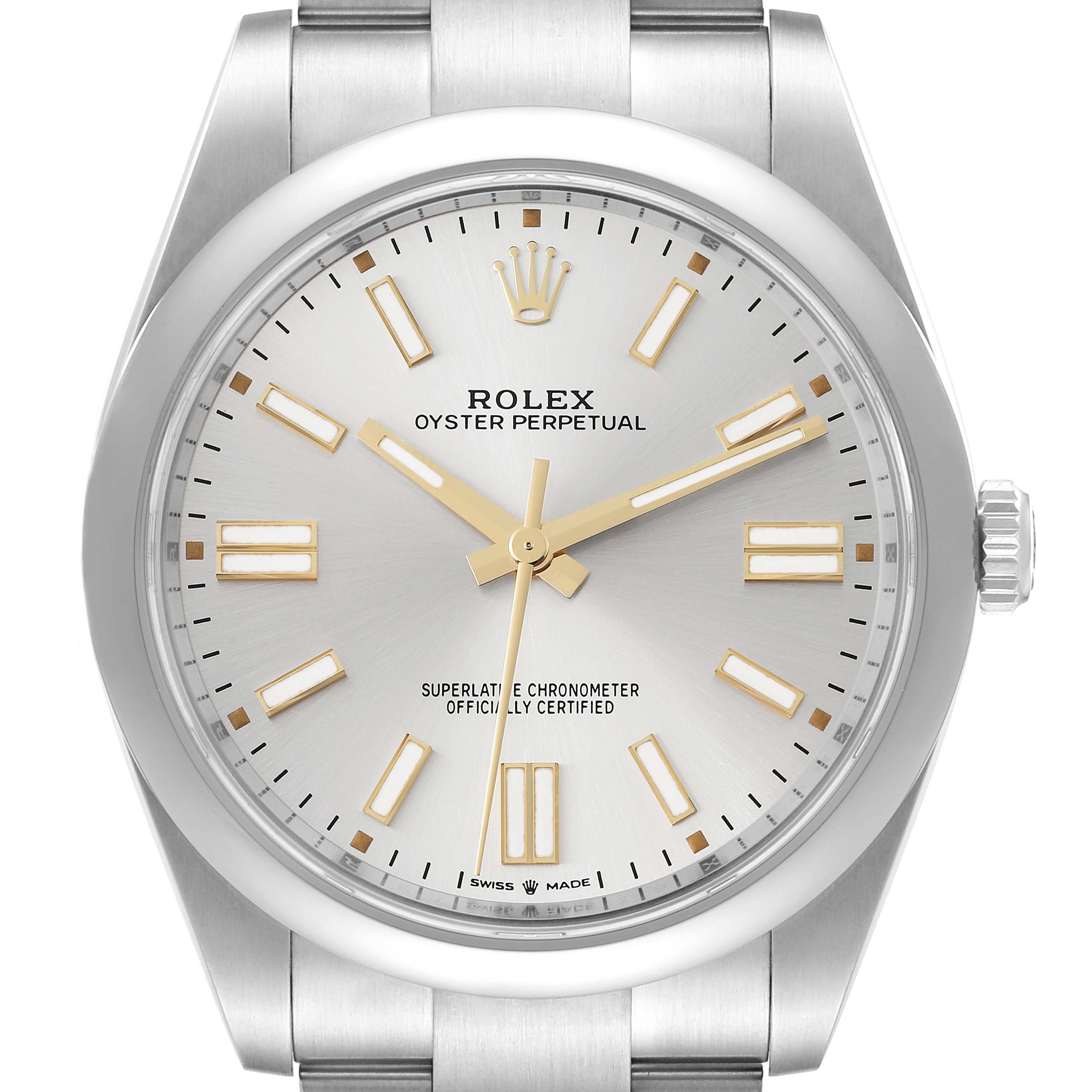 This is a close-up, front-facing view of a Rolex Oyster Perpetual 124300 Men's Stainless Steel Silver Dial 124300 Men's Stainless Steel Silver Dial watch showing its face and part of the band.