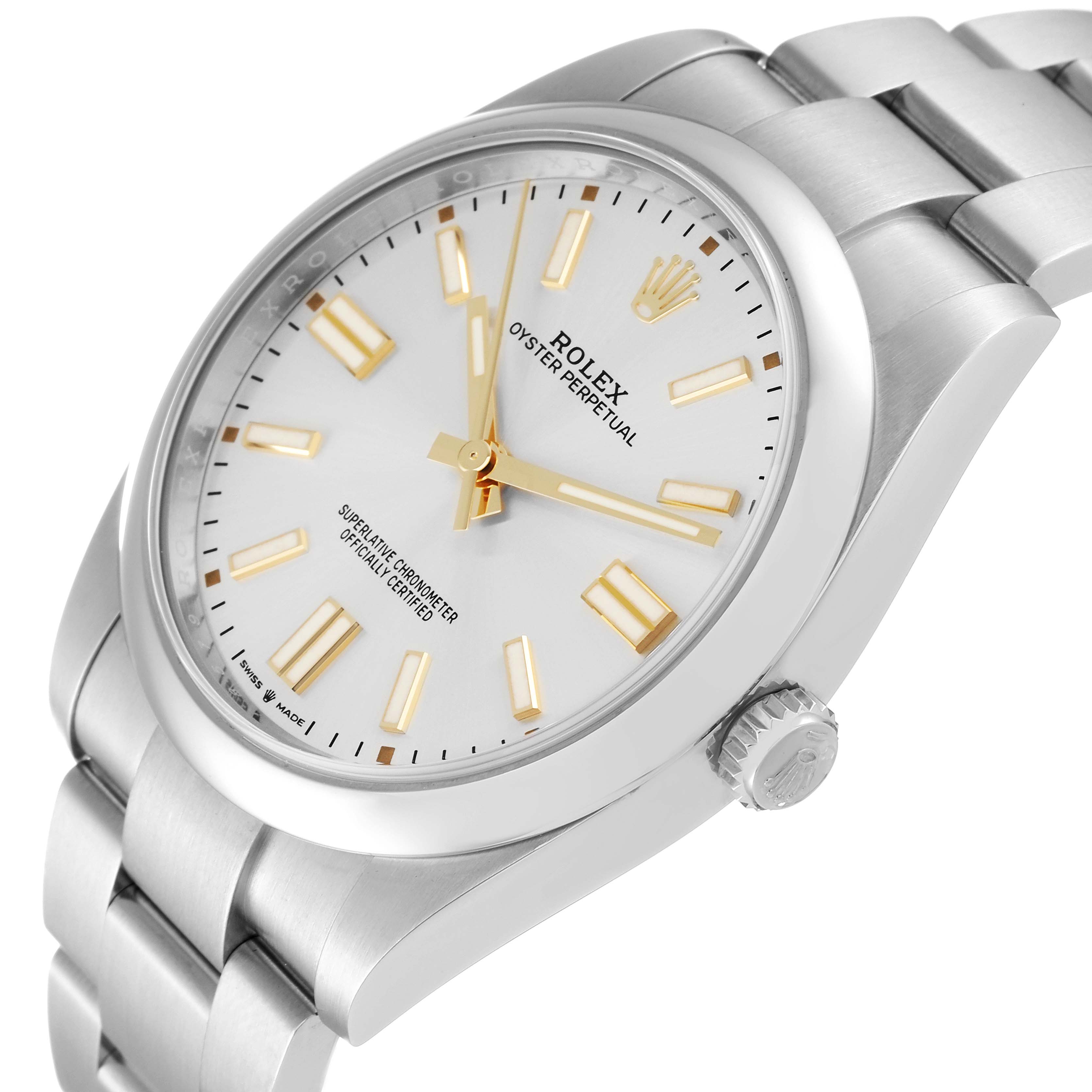 This image shows a side angle of the Rolex Oyster Perpetual 124300 Men's Stainless Steel Silver Dial 124300 Men's Stainless Steel Silver Dial model, highlighting the face, bezel, crown, and part of the bracelet.