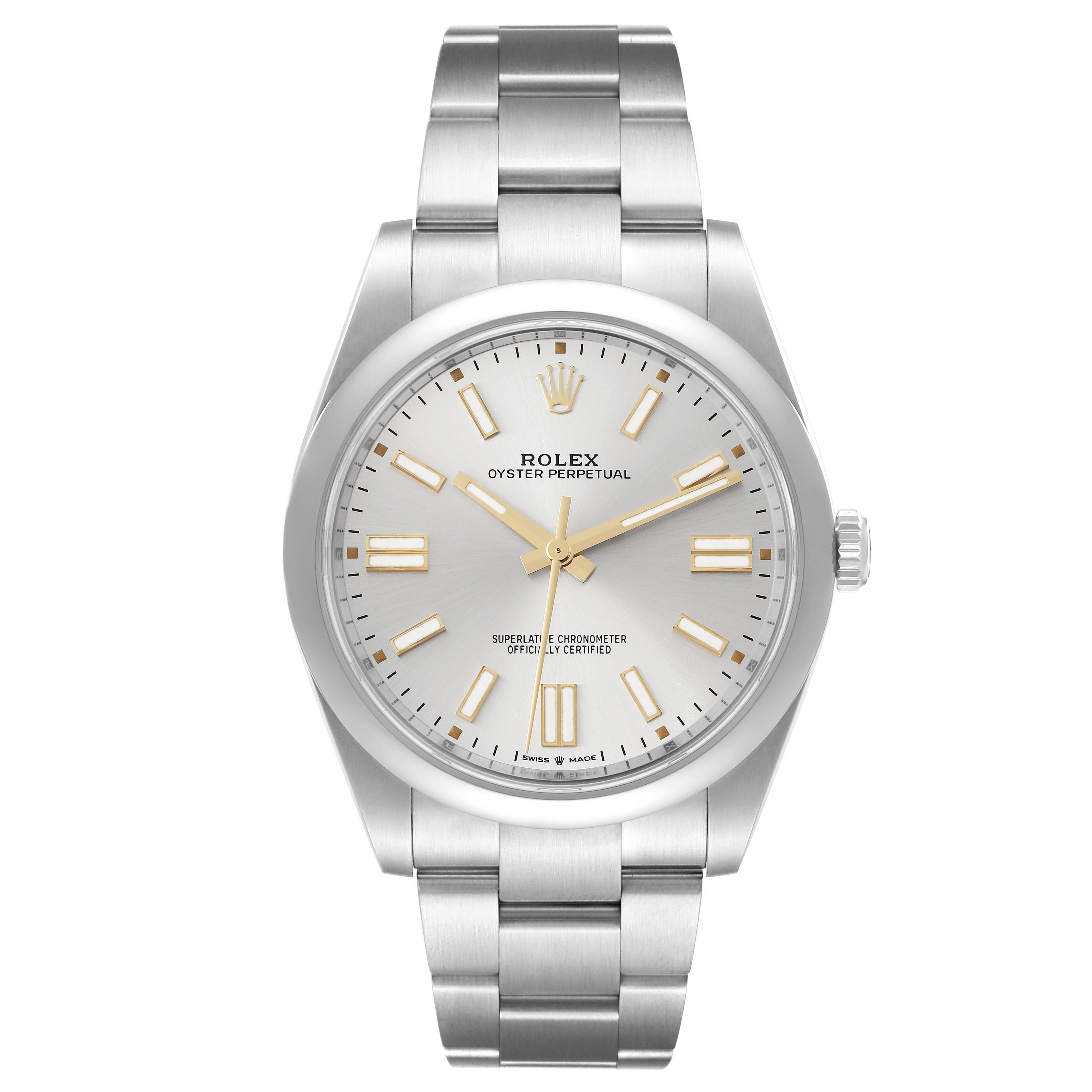 The image shows a front view of a Rolex Oyster Perpetual 124300 Men's Stainless Steel Silver Dial 124300 Men's Stainless Steel Silver Dial watch displaying its face, bracelet, and crown.