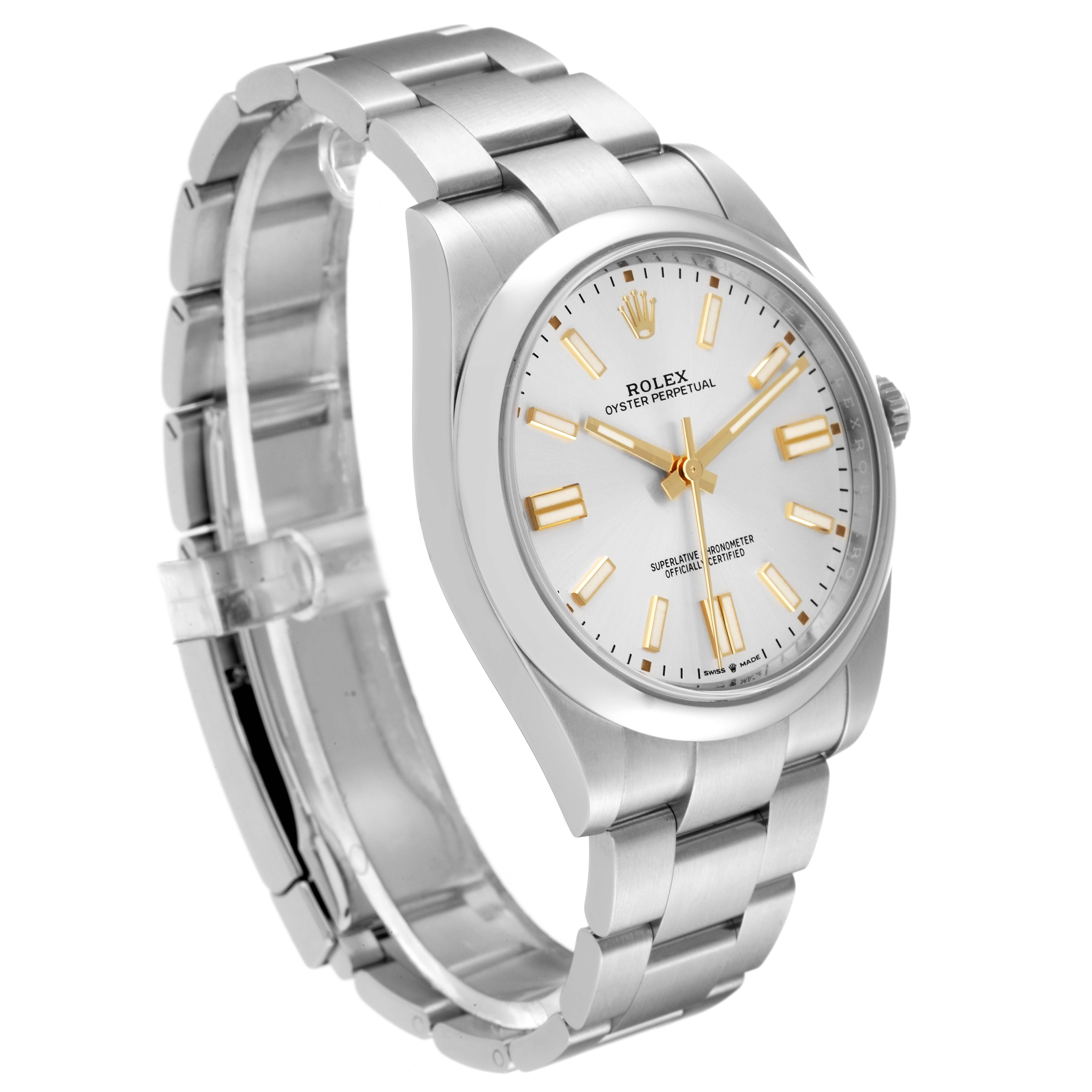 This image shows a side angle of the Rolex Oyster Perpetual 124300 Men's Stainless Steel Silver Dial 124300 Men's Stainless Steel Silver Dial watch, highlighting its face, bezel, and stainless steel bracelet.