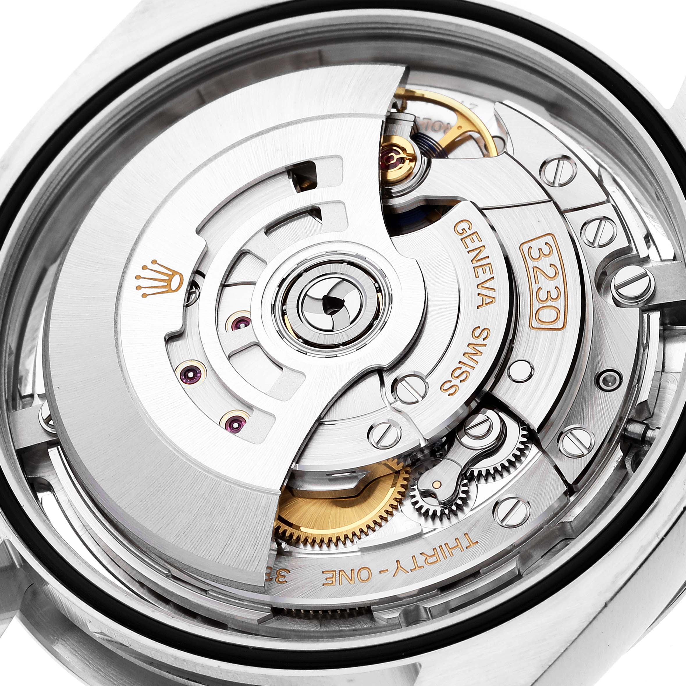 This image shows a close-up of the internal mechanism of a Rolex Oyster Perpetual 124300 Men's Stainless Steel Silver Dial 124300 Men's Stainless Steel Silver Dial watch, highlighting the movement and intricate parts.