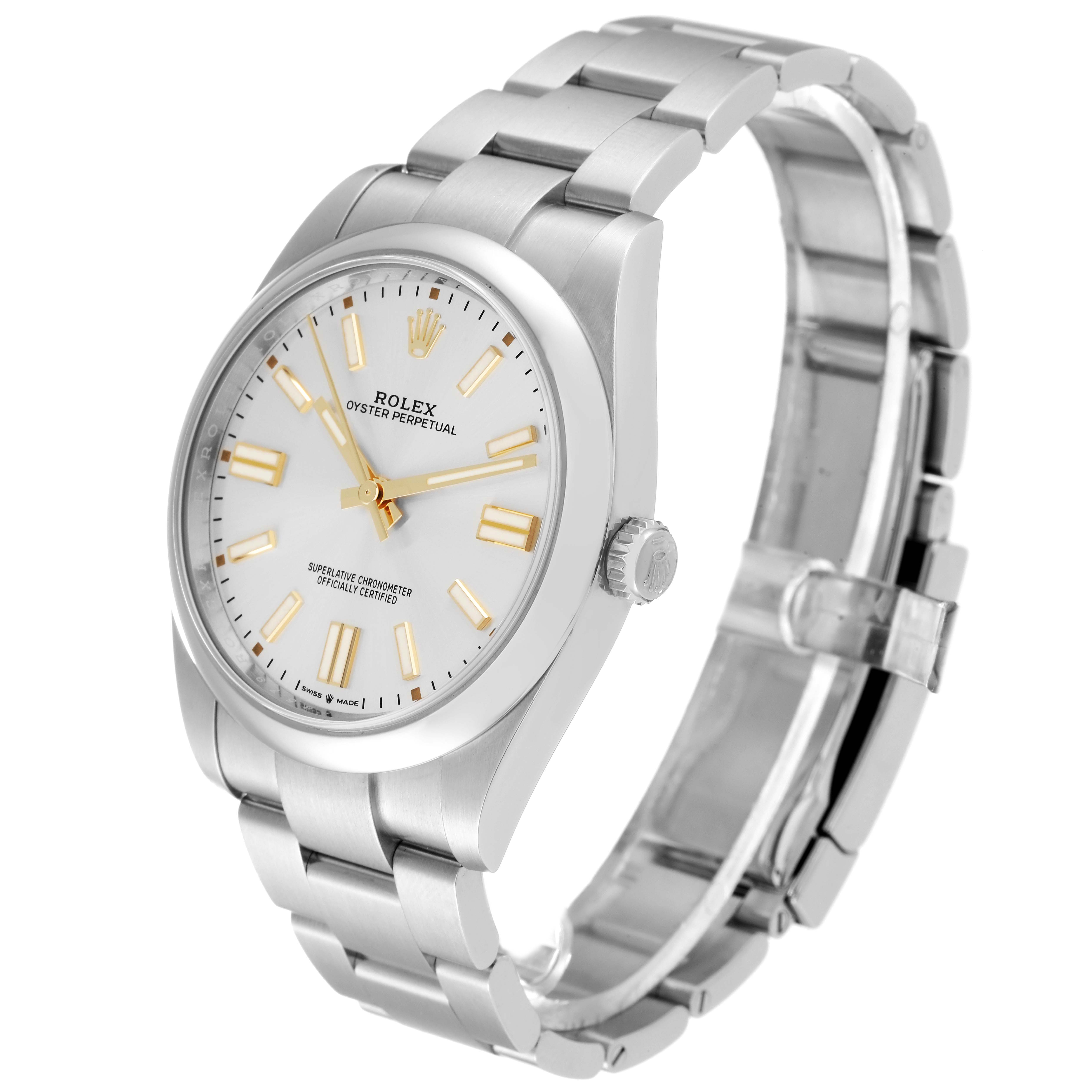 The image shows a side view of the Rolex Oyster Perpetual 124300 Men's Stainless Steel Silver Dial 124300 Men's Stainless Steel Silver Dial watch, highlighting the dial, bezel, crown, and bracelet.