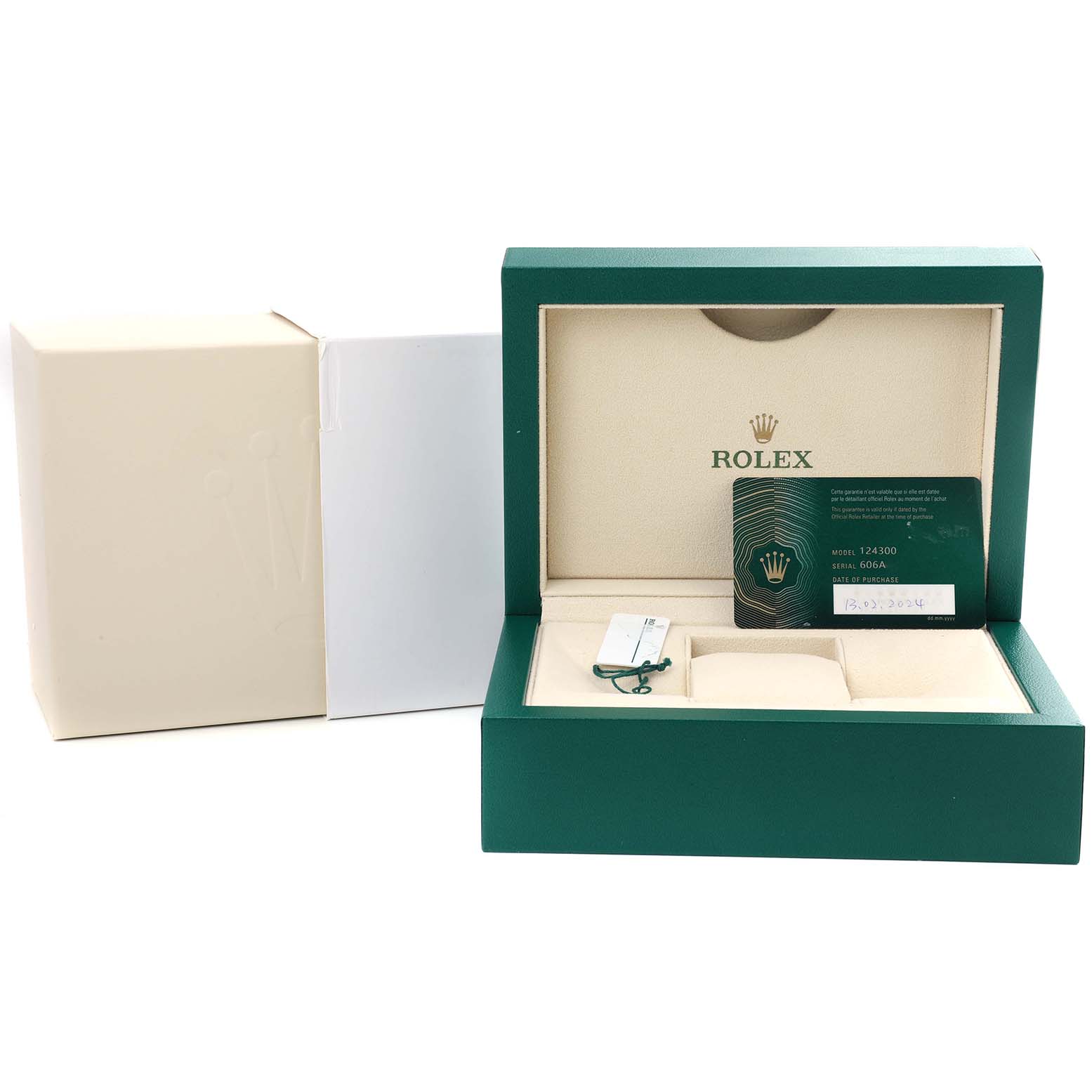 The image shows a Rolex Oyster Perpetual M124300-0002 Men's Stainless Steel Black Dial watch box, warranty card, and tags from a frontal angle.