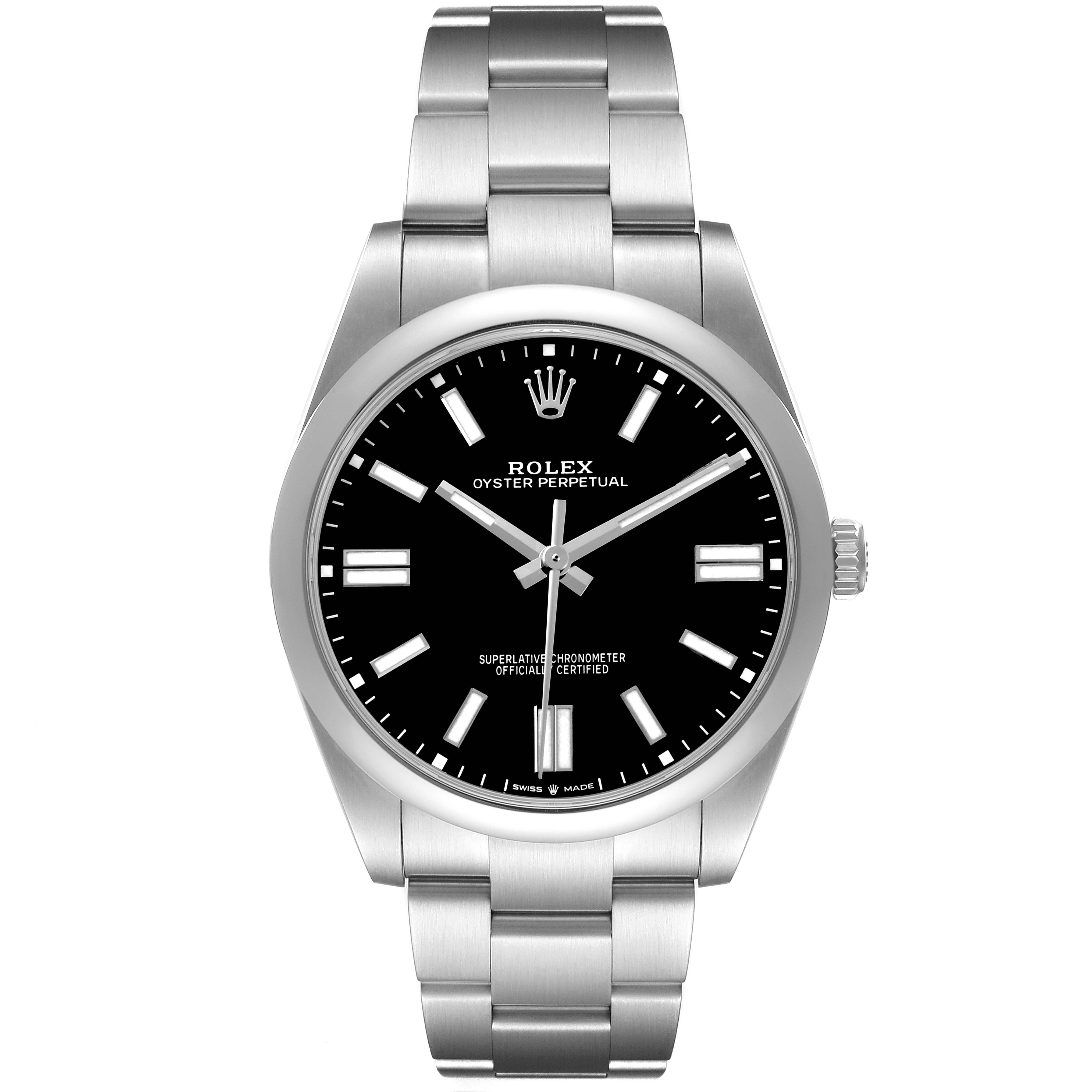 The Rolex Oyster Perpetual M124300-0002 Men's Stainless Steel Black Dial watch is shown from a front angle, displaying the face, bezel, and bracelet.