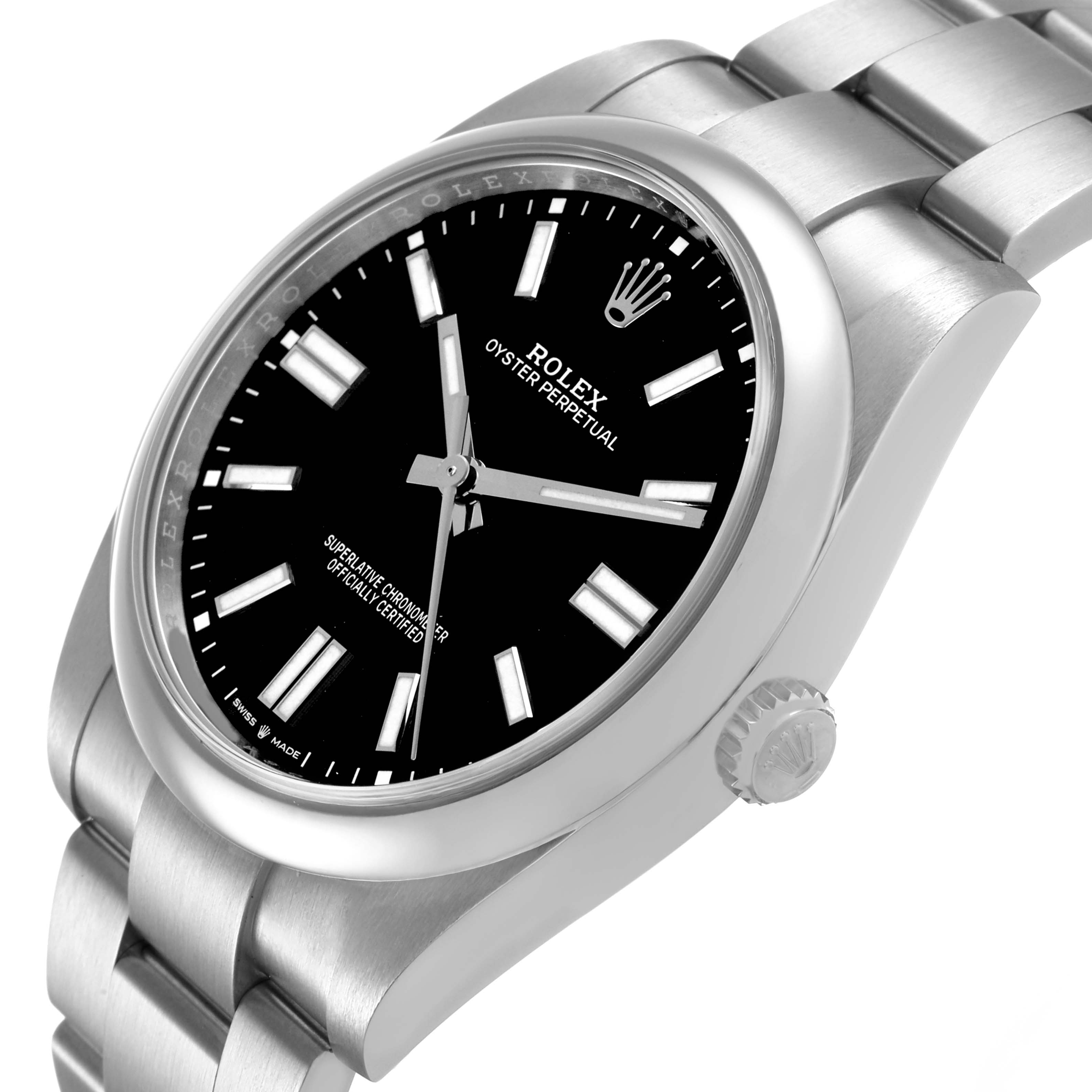 The Rolex Oyster Perpetual M124300-0002 Men's Stainless Steel Black Dial watch is shown at a slight side angle, displaying the dial, crown, and part of the bracelet.