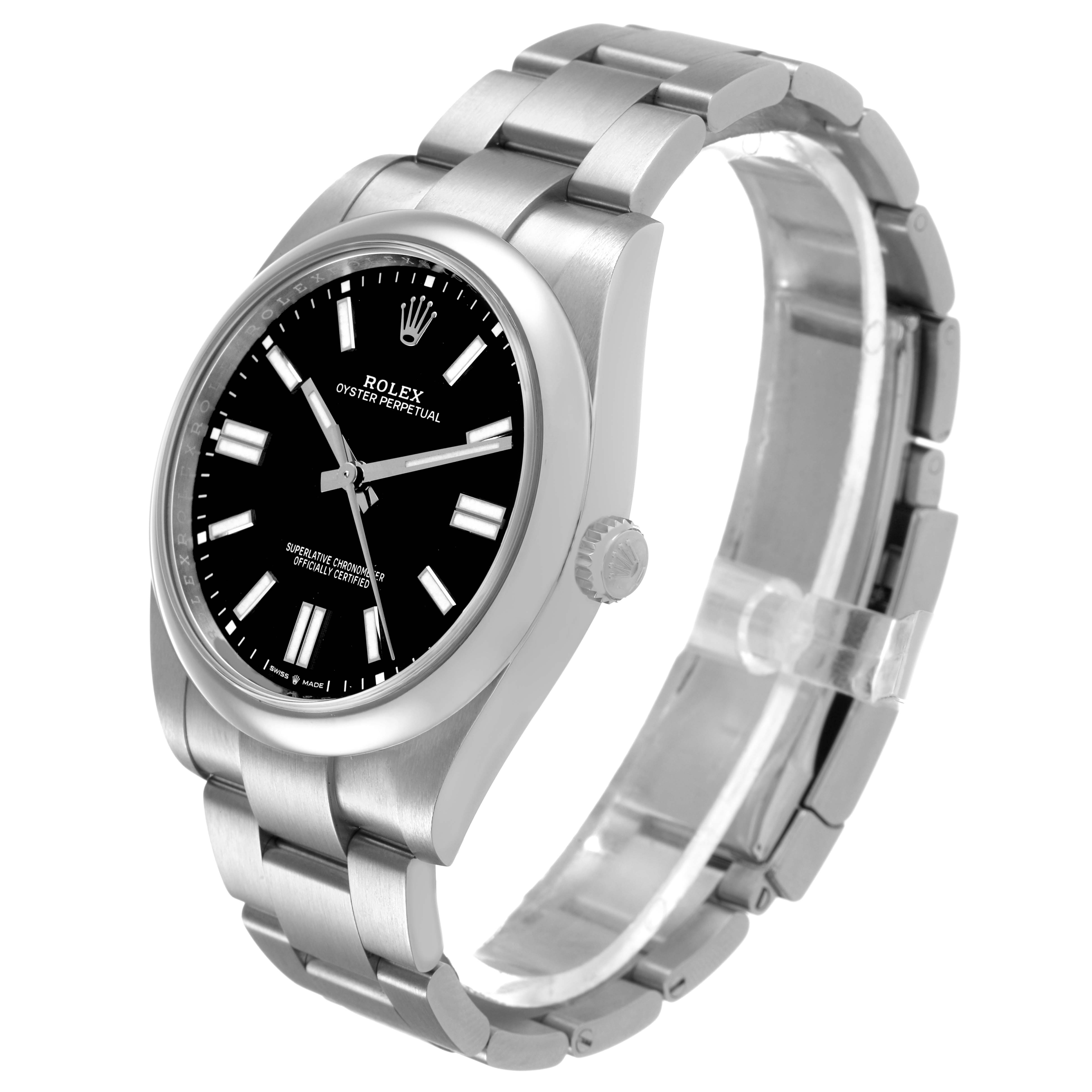 The Rolex Oyster Perpetual M124300-0002 Men's Stainless Steel Black Dial watch is shown at a three-quarter angle, displaying the dial, bezel, bracelet, and crown.