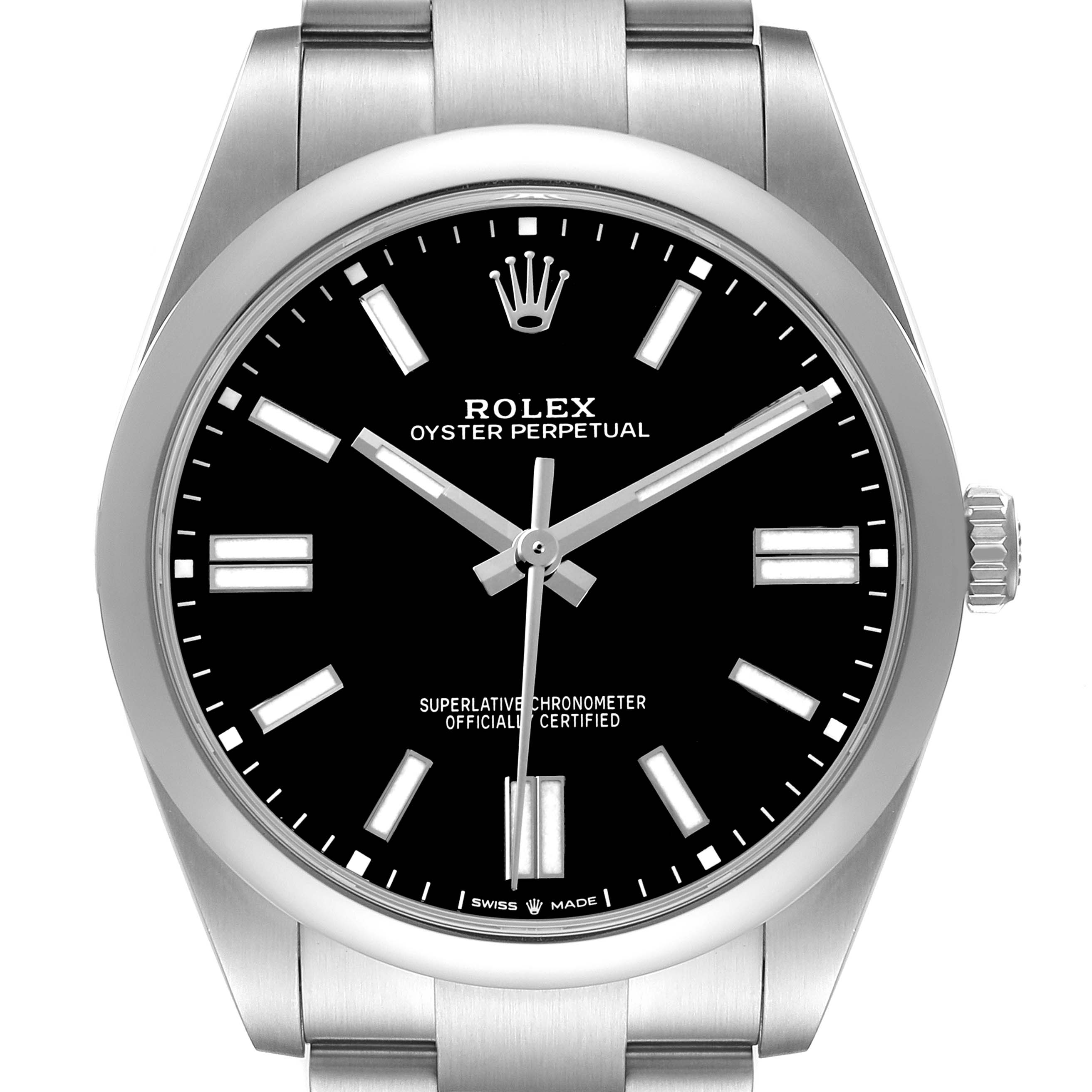 The Rolex Oyster Perpetual M124300-0002 Men's Stainless Steel Black Dial watch is shown from the front, highlighting the dial, markers, and crown.