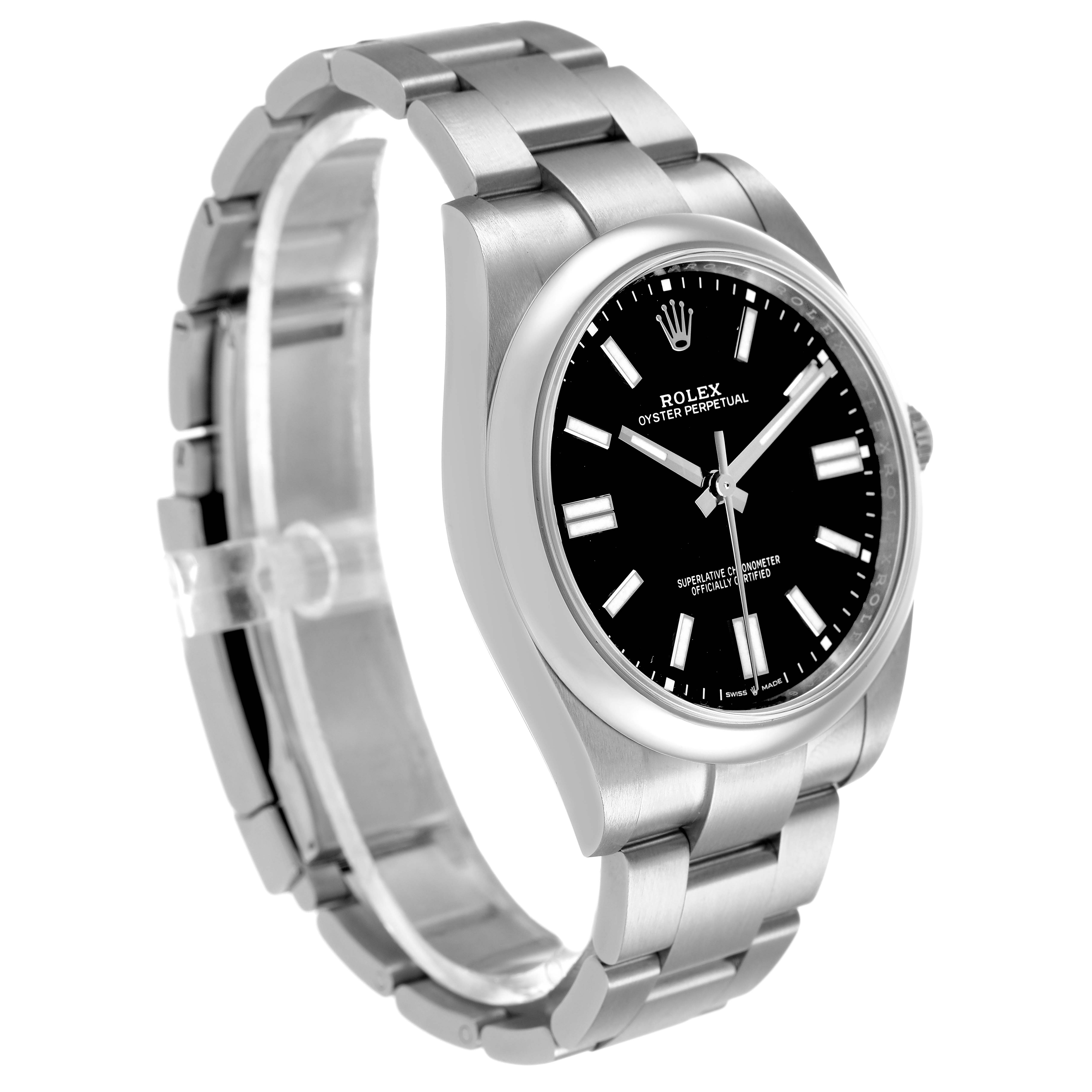 The Rolex Oyster Perpetual M124300-0002 Men's Stainless Steel Black Dial watch is shown at a three-quarter angle, displaying its bracelet, case, dial, and crown.