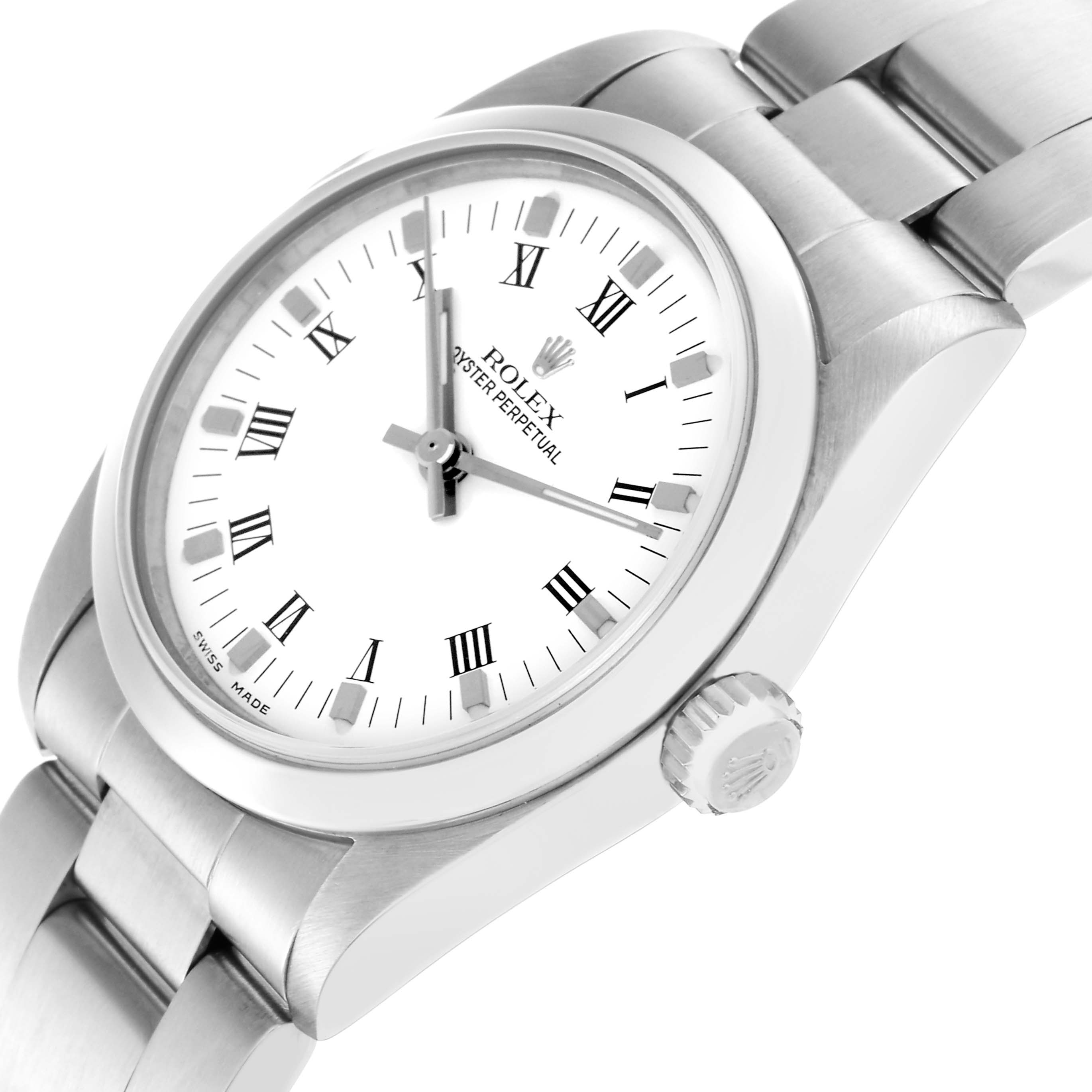 This image shows the Rolex Mid-Size 77080 Women
s Stainless Steel White Dial 77080 Women
s Stainless Steel White Dial watch at an angle, highlighting the dial, crown, bezel, and part of the bracelet.
