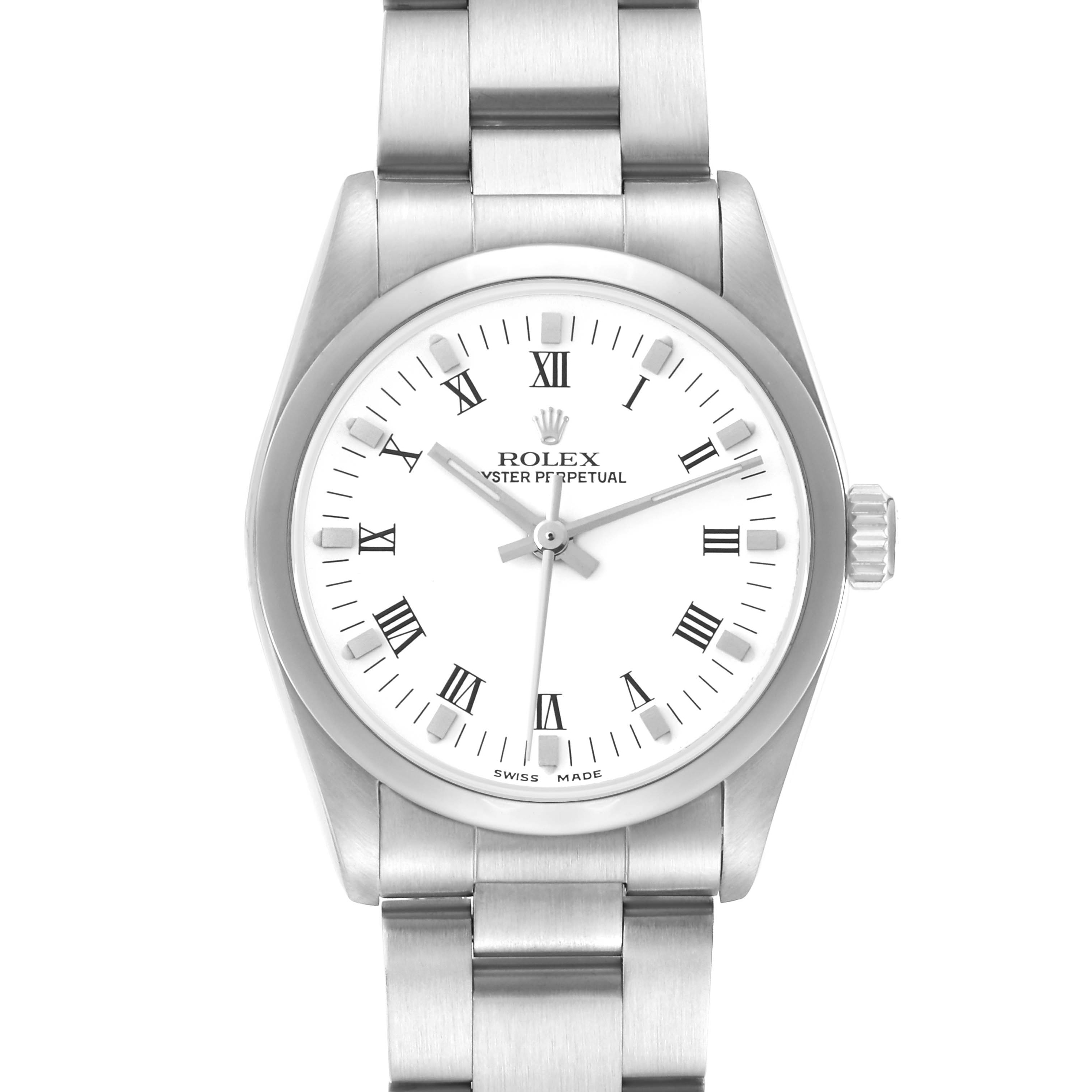 The Rolex Mid-Size 77080 Women
s Stainless Steel White Dial 77080 Women
s Stainless Steel White Dial watch is shown from a front view, displaying its dial, Roman numerals, bezel, crown, and bracelet.