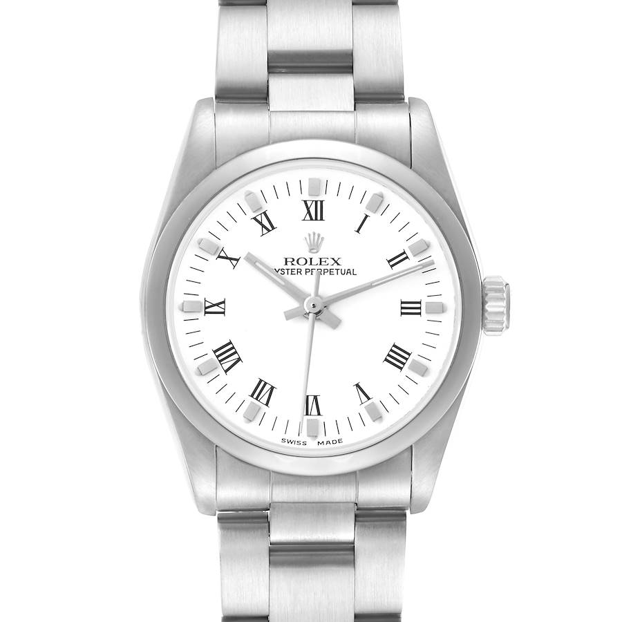 The Rolex Mid-Size 77080 Women
s Stainless Steel White Dial 77080 Women
s Stainless Steel White Dial watch is shown from a front view, displaying its dial, Roman numerals, bezel, crown, and bracelet.