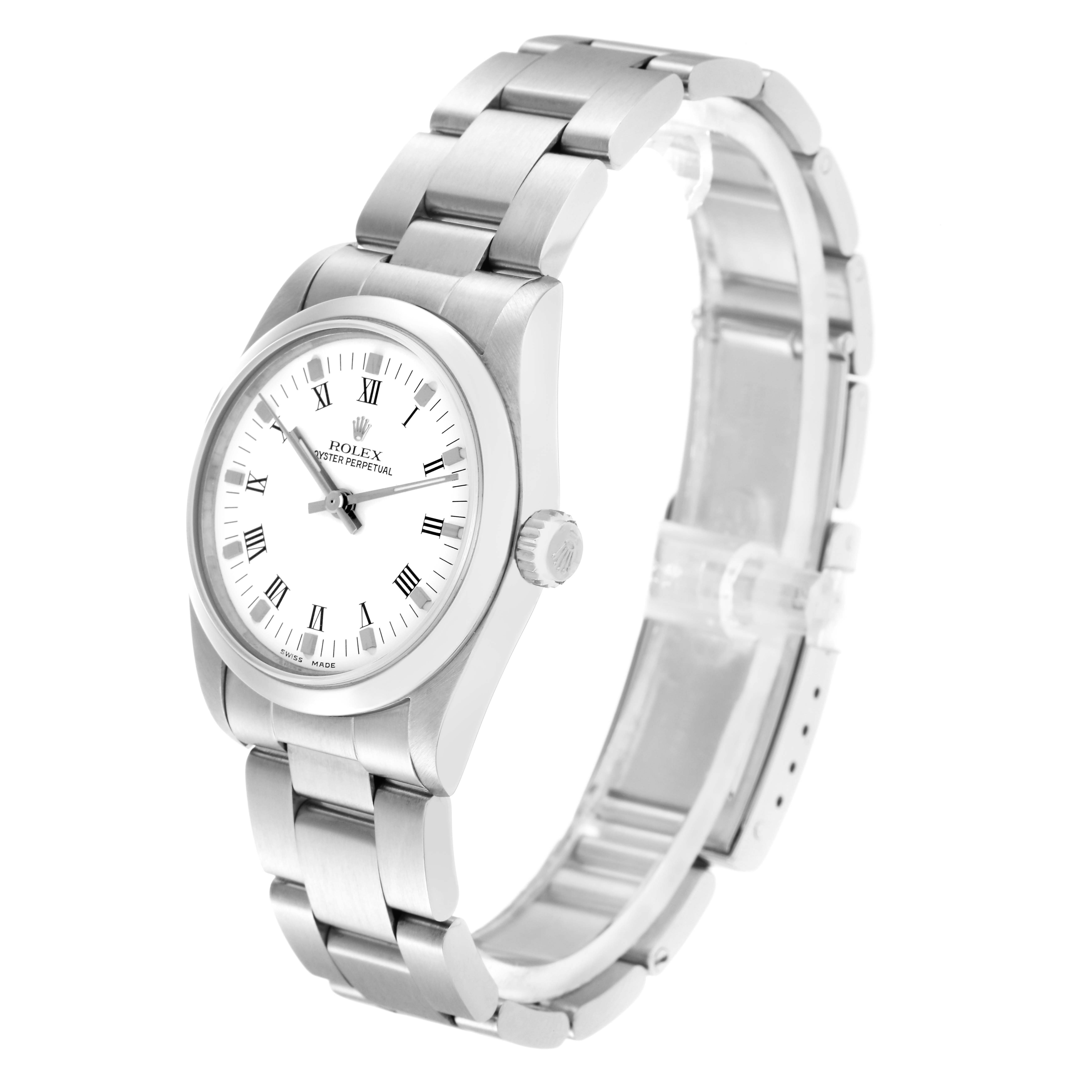 The Rolex Mid-Size 77080 Women
s Stainless Steel White Dial 77080 Women
s Stainless Steel White Dial model watch is shown from a three-quarter angle, displaying the face, case, bracelet, and crown.