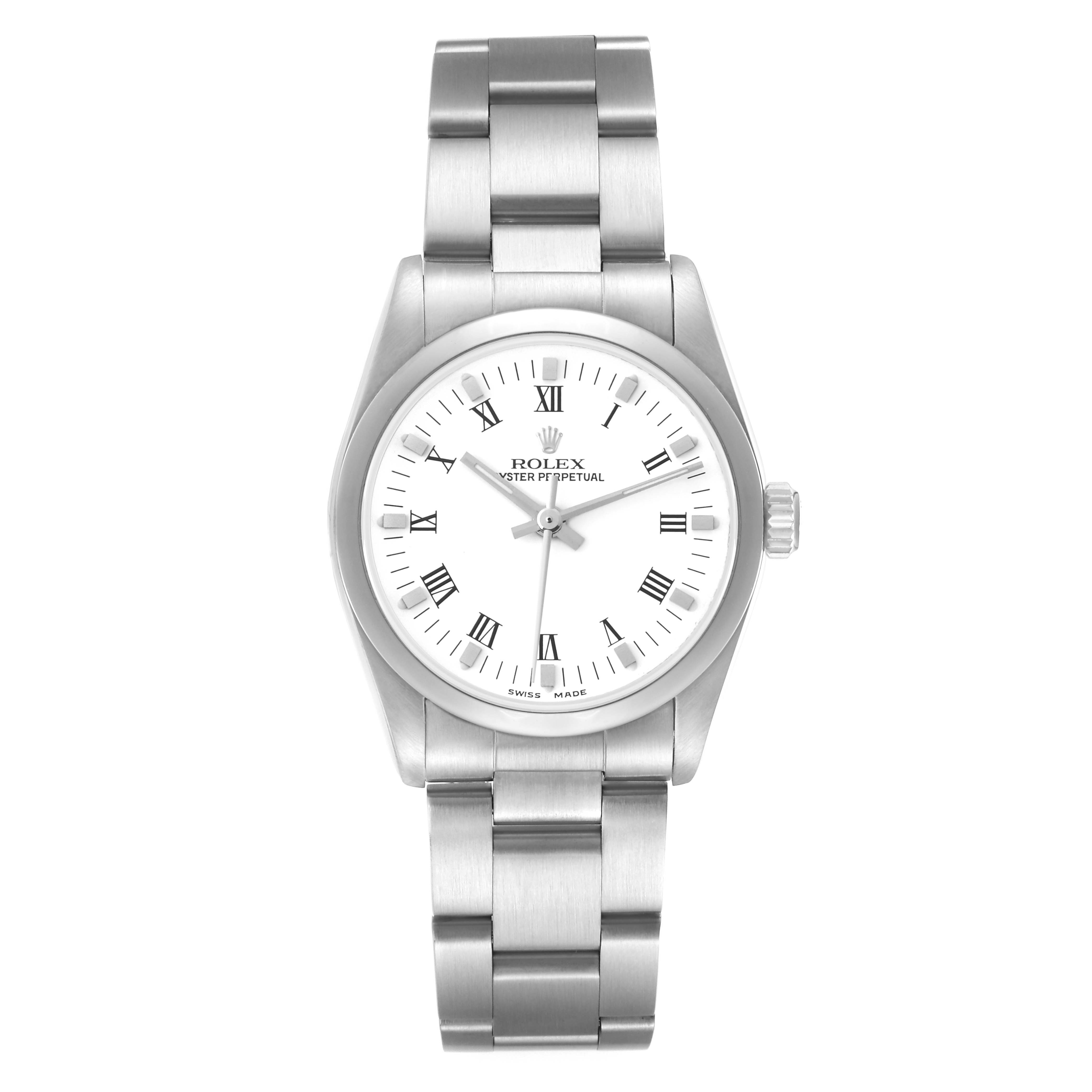 The Rolex Mid-Size 77080 Women
s Stainless Steel White Dial 77080 Women
s Stainless Steel White Dial watch is shown from a top-down angle, displaying the dial, bezel, crown, and bracelet.