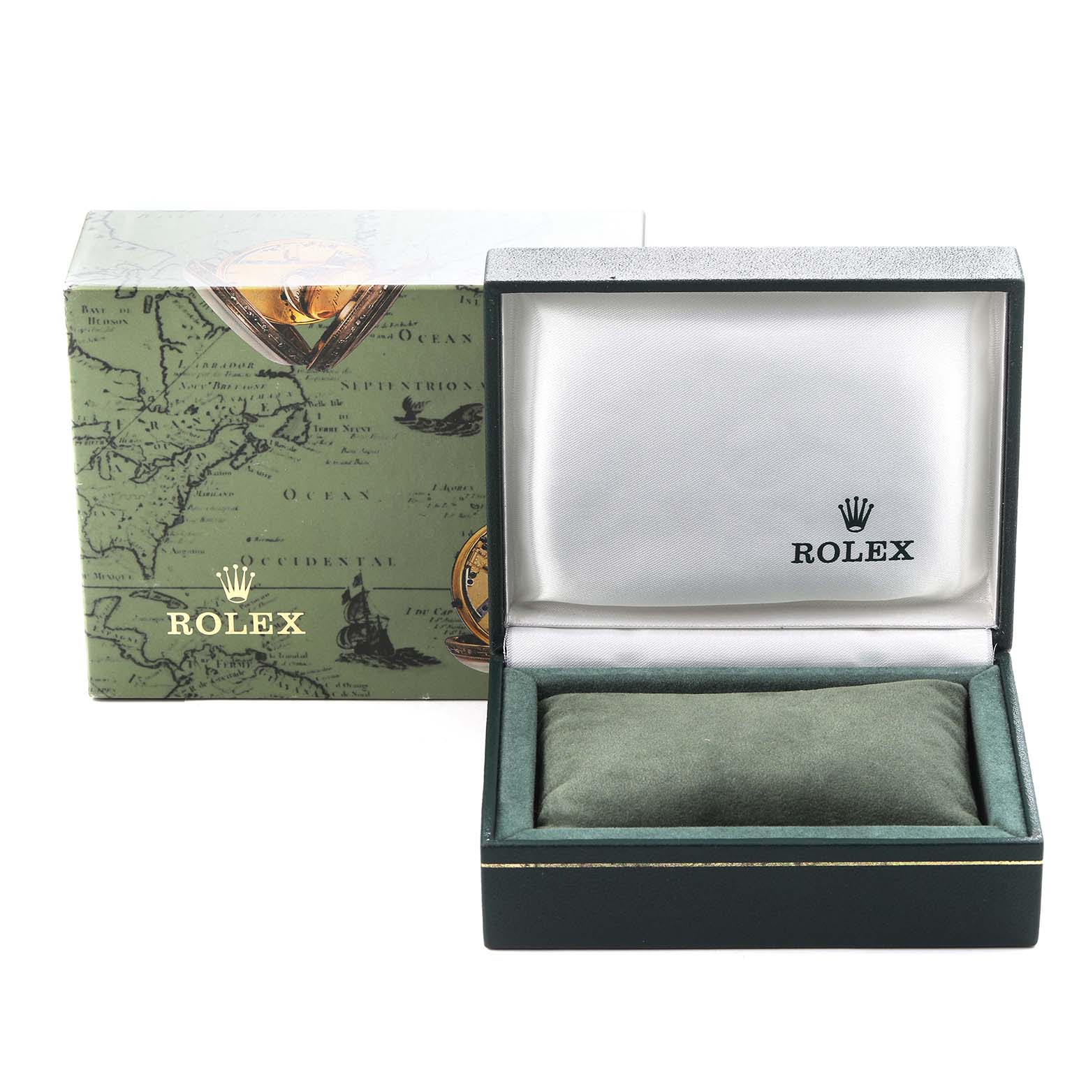 The image shows an open Rolex Mid-Size 77080 Women
s Stainless Steel White Dial 77080 Women
s Stainless Steel White Dial watch box with the outer packaging visible behind it.