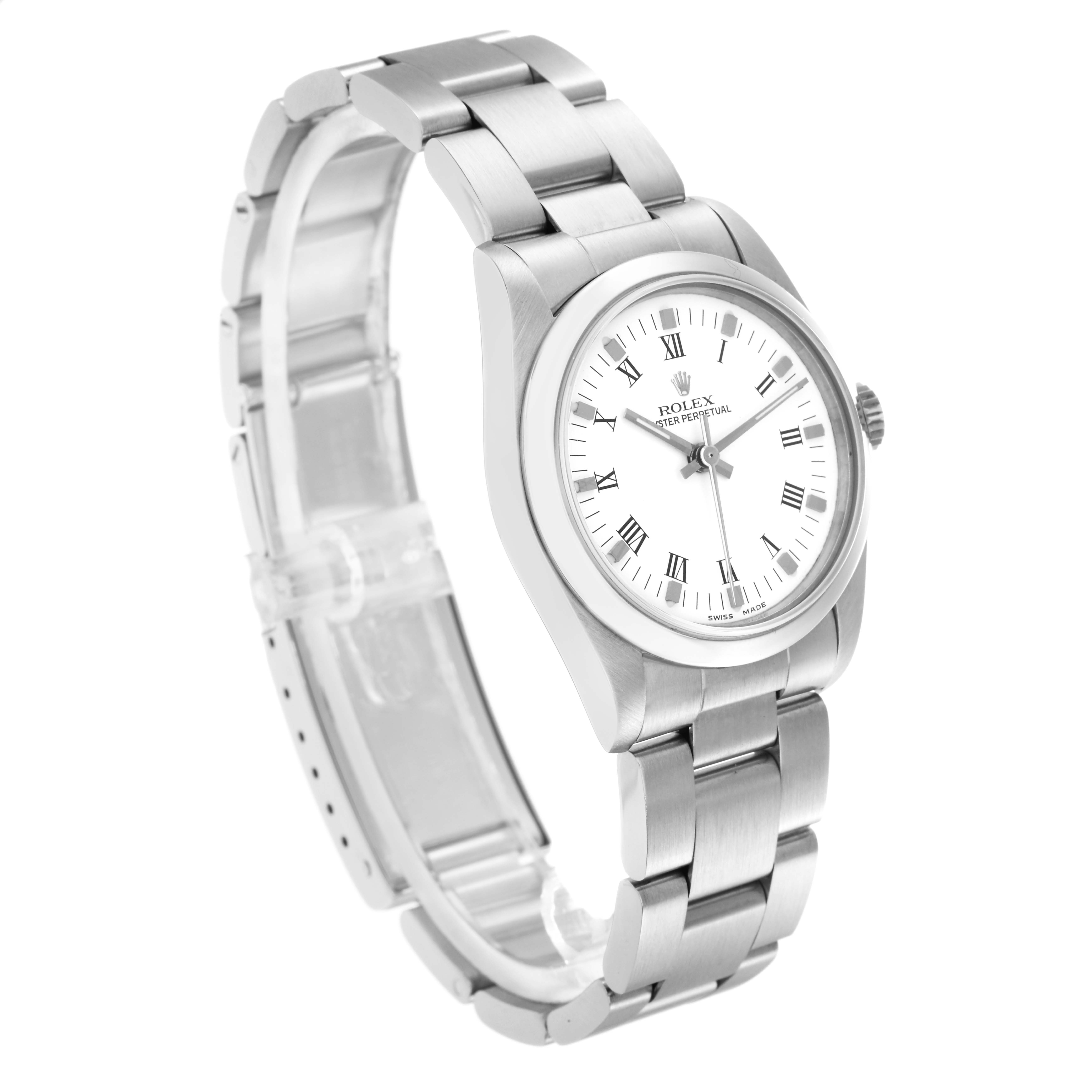 The Rolex Mid-Size 77080 Women
s Stainless Steel White Dial 77080 Women
s Stainless Steel White Dial watch is shown in a three-quarter angle, highlighting the face, bezel, crown, and bracelet.