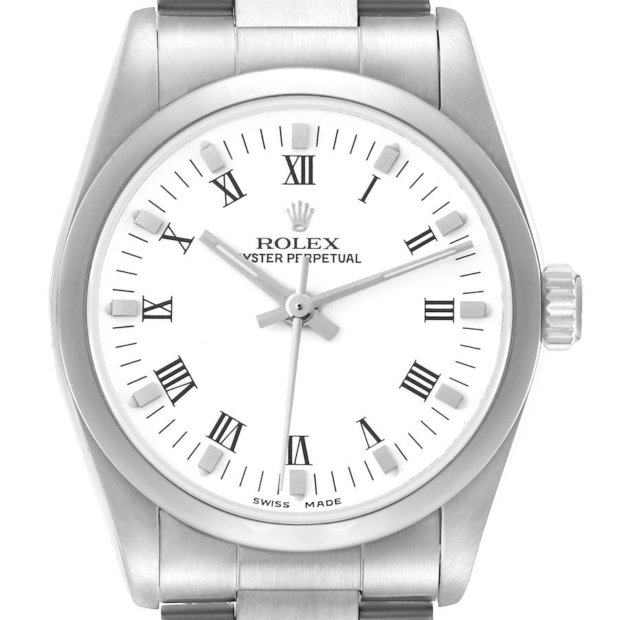The Rolex Mid-Size watch is shown from a frontal angle, displaying the face, bezel, bracelet, and crown.