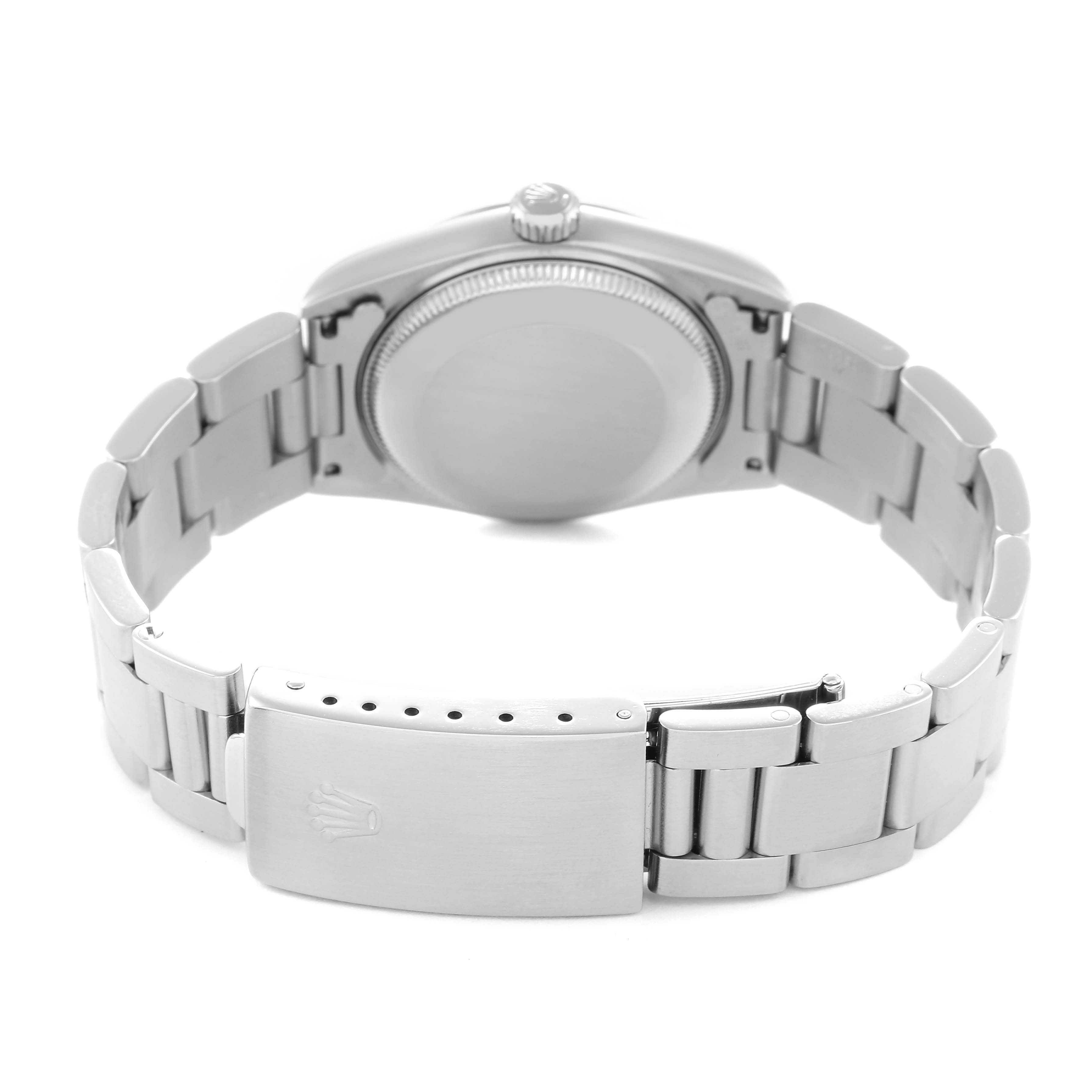 The image shows the back view of a Rolex Mid-Size 77080 Women
s Stainless Steel White Dial 77080 Women
s Stainless Steel White Dial watch, highlighting the bracelet and clasp.