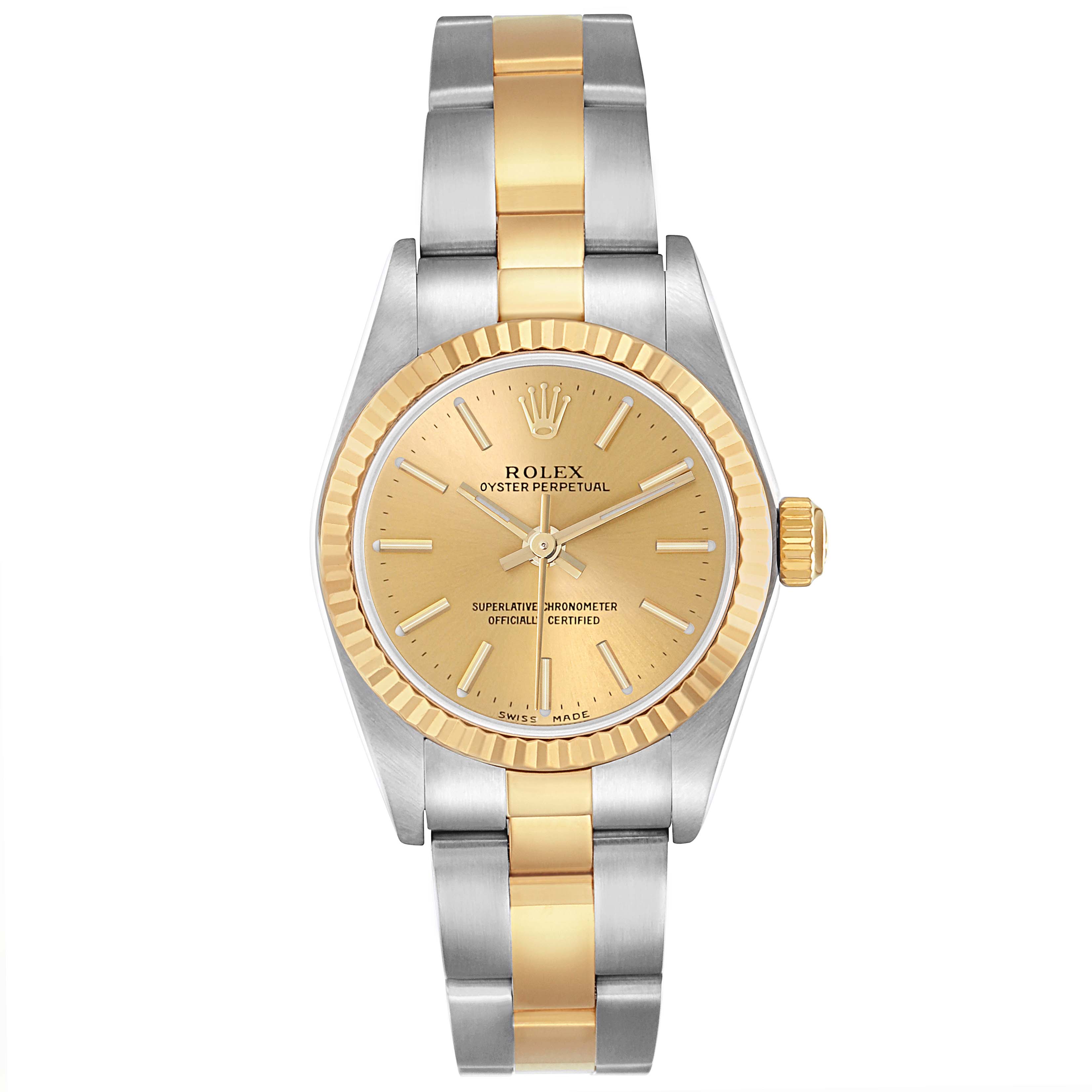 The Rolex Oyster Perpetual 76193 Women
s Steel and Gold (two tone) Champagne Dial 76193 Women
s Steel and Gold (two tone) Champagne Dial watch is shown from a front angle, highlighting its gold dial, bezel, and two-tone bracelet.