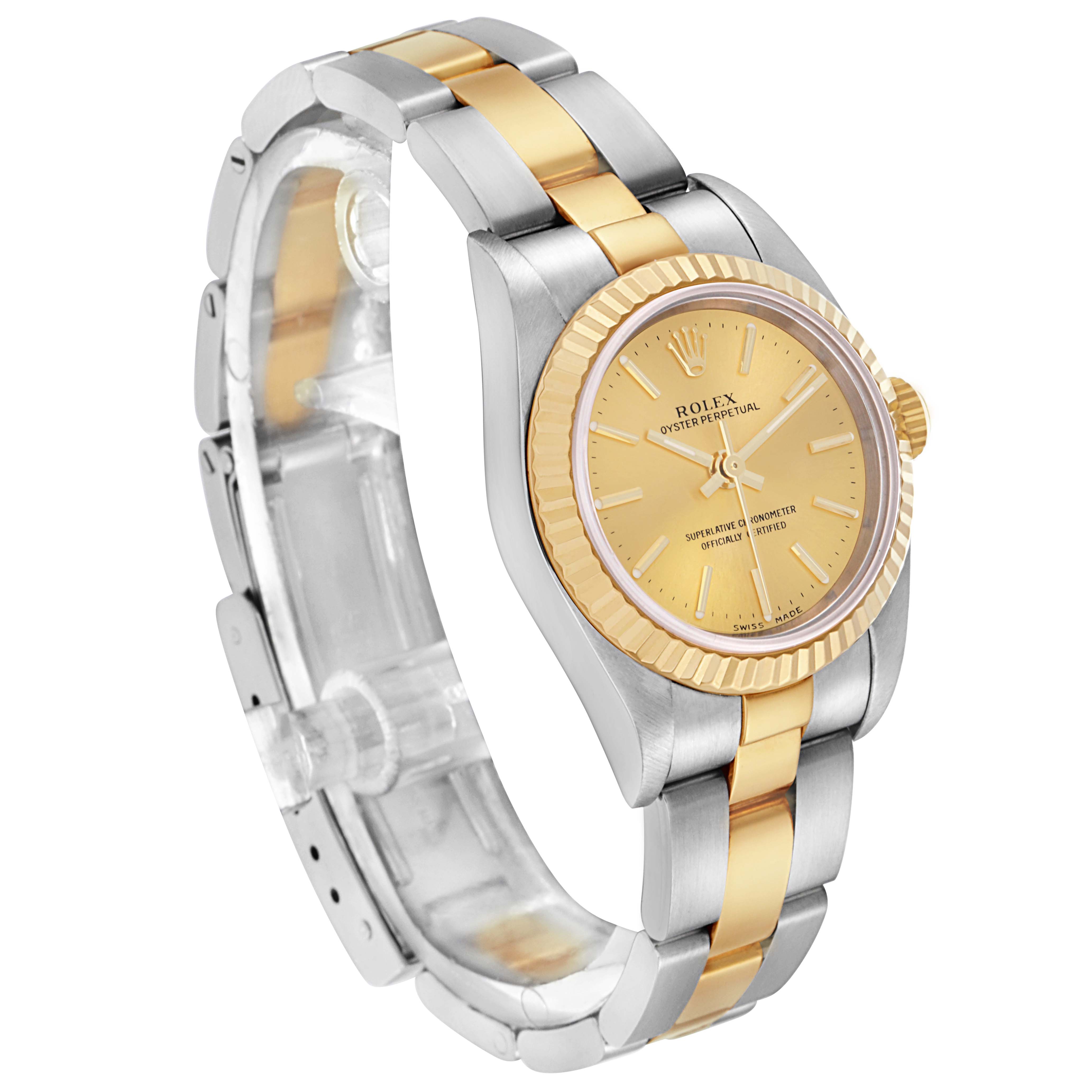 The Rolex Oyster Perpetual 76193 Women
s Steel and Gold (two tone) Champagne Dial 76193 Women
s Steel and Gold (two tone) Champagne Dial is shown at an angled side view, highlighting the two-tone bracelet, bezel, and dial.