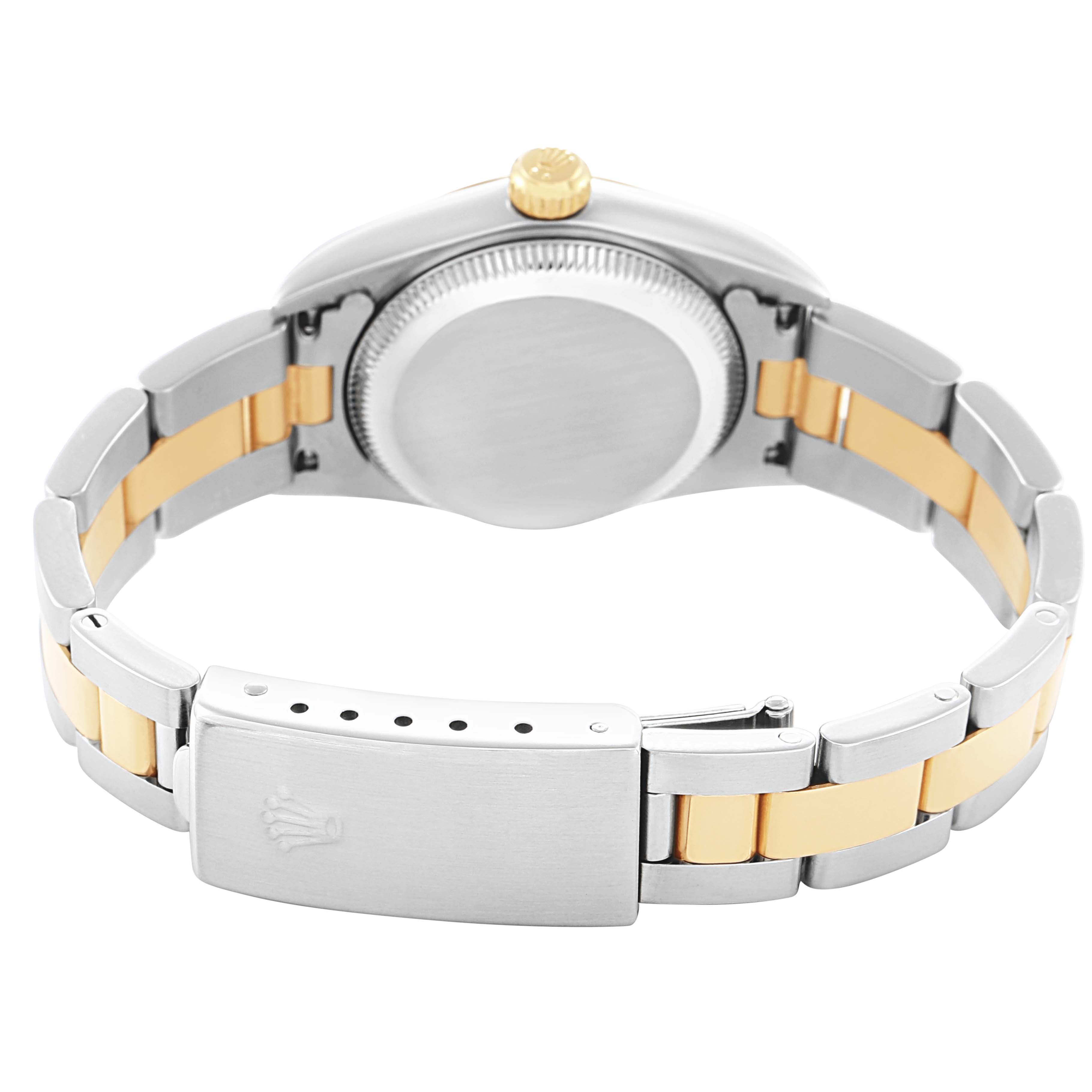 The image shows the back view of a Rolex Oyster Perpetual 76193 Women
s Steel and Gold (two tone) Champagne Dial 76193 Women
s Steel and Gold (two tone) Champagne Dial watch, highlighting the clasp, bracelet, and case back.