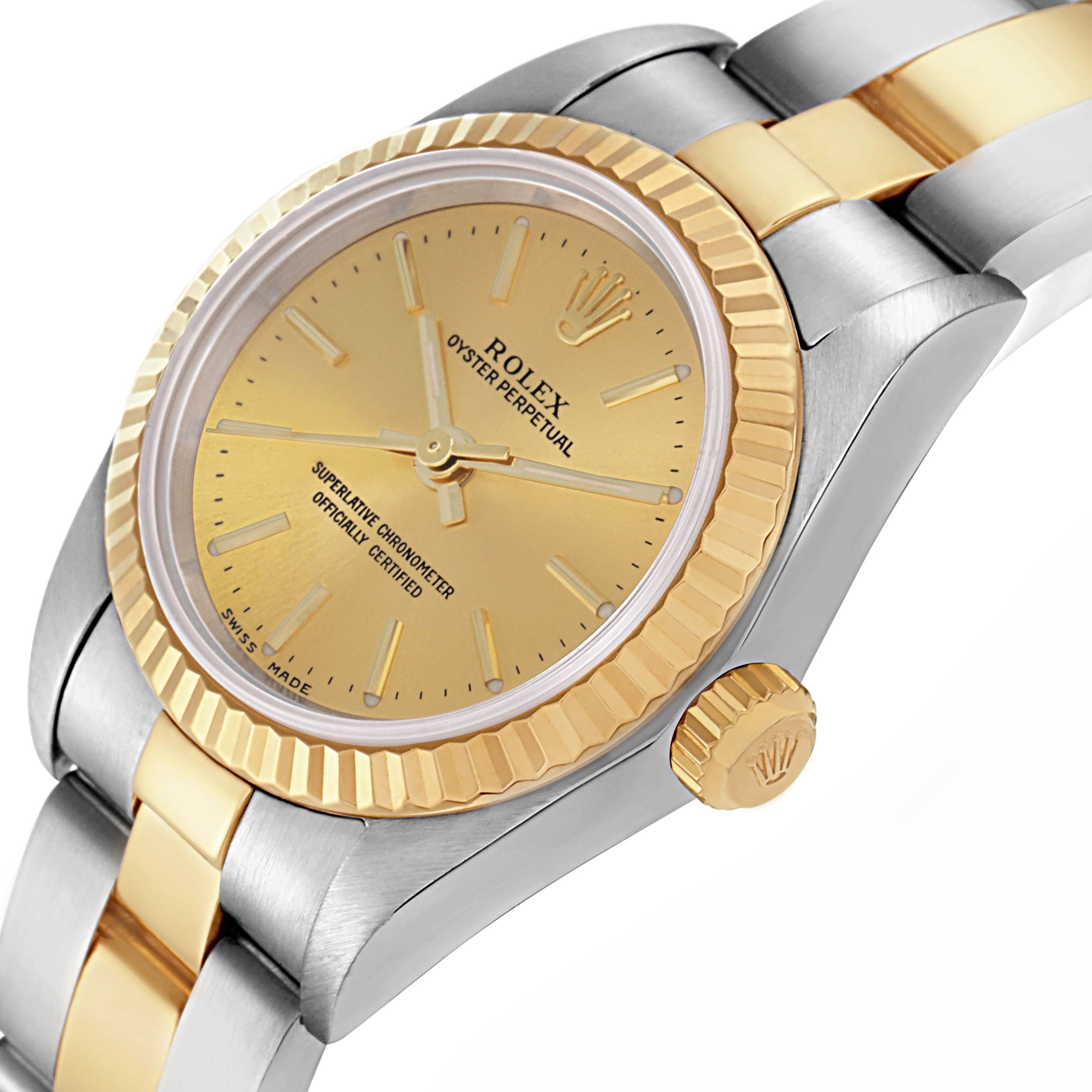 The Rolex Oyster Perpetual 76193 Women
s Steel and Gold (two tone) Champagne Dial 76193 Women
s Steel and Gold (two tone) Champagne Dial is shown at a slight angle, highlighting the gold bezel, dial, crown, and two-tone bracelet.
