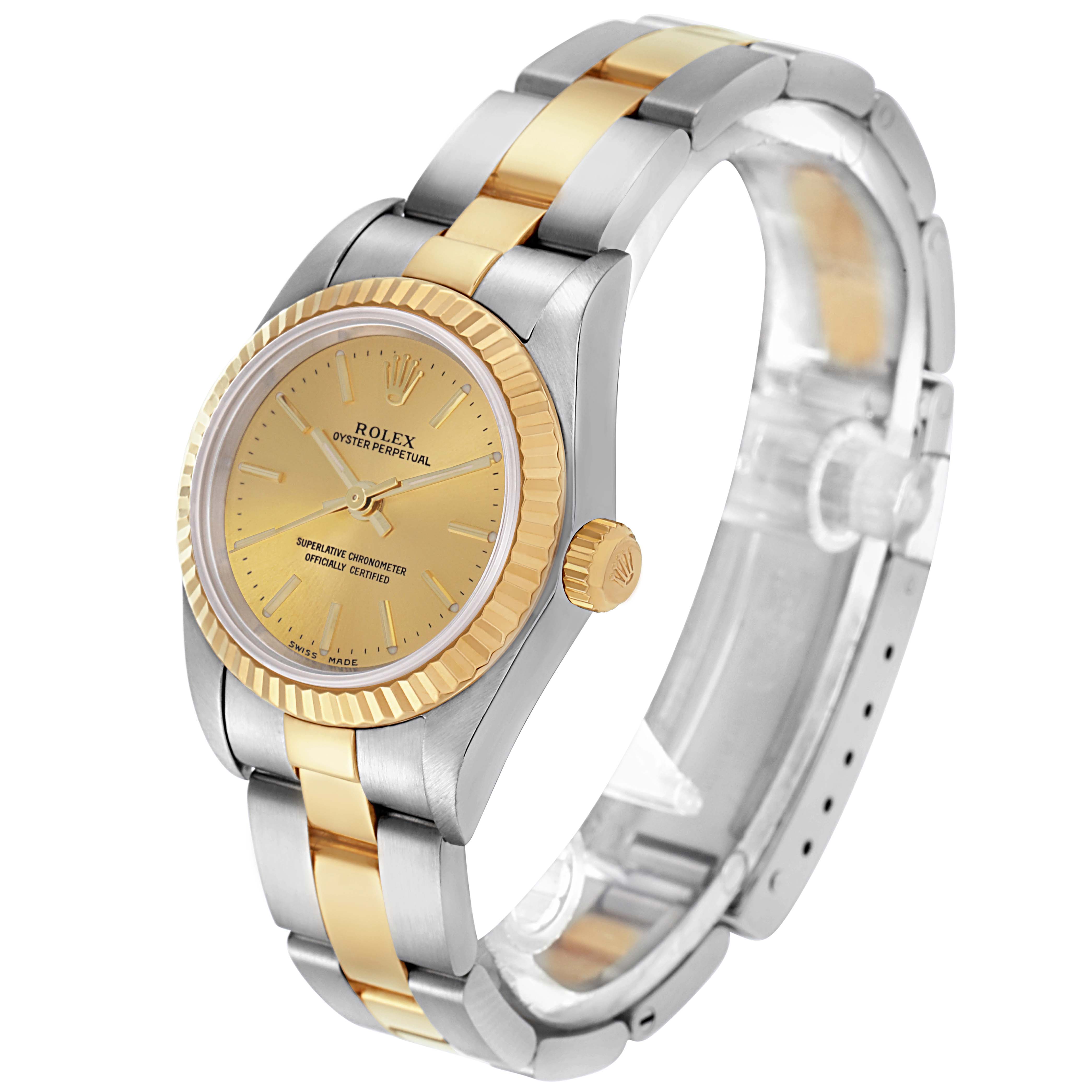 The Rolex Oyster Perpetual 76193 Women
s Steel and Gold (two tone) Champagne Dial 76193 Women
s Steel and Gold (two tone) Champagne Dial watch is shown at an angled side view, displaying the dial, bezel, and bracelet.