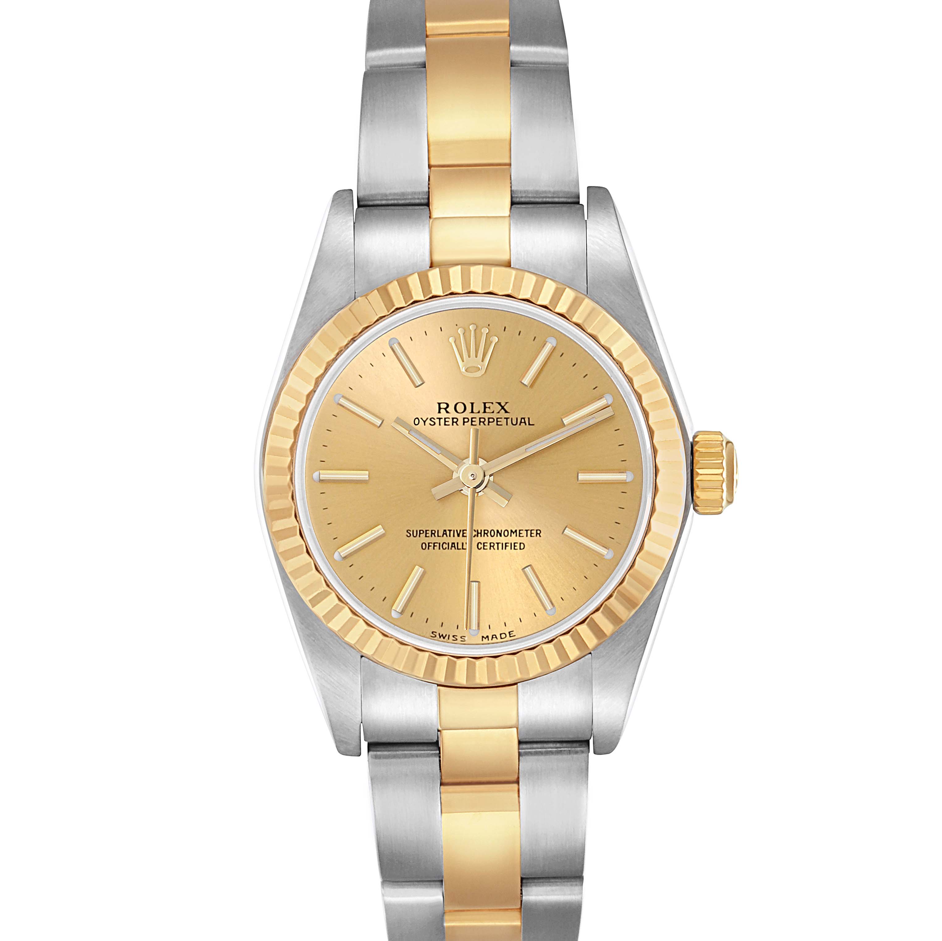 The Rolex Oyster Perpetual 76193 Women
s Steel and Gold (two tone) Champagne Dial 76193 Women
s Steel and Gold (two tone) Champagne Dial watch is shown from a top-down angle, displaying its two-tone bracelet and gold dial.