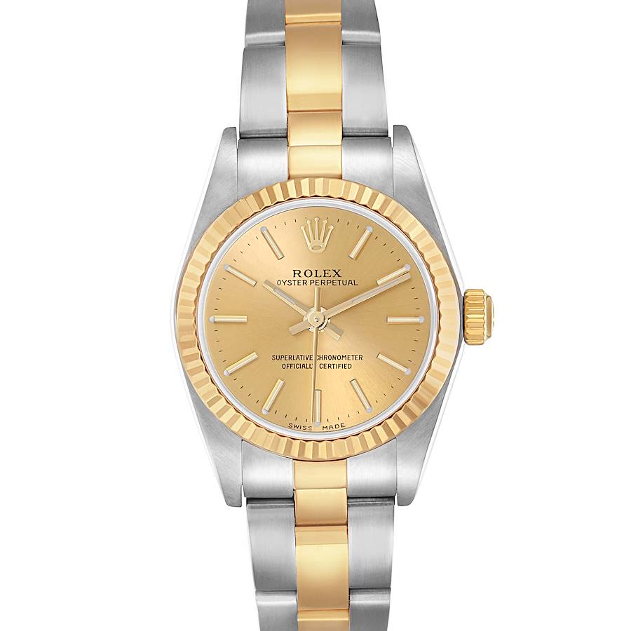 The Rolex Oyster Perpetual watch is shown from a top-down angle, displaying its two-tone bracelet and gold dial.