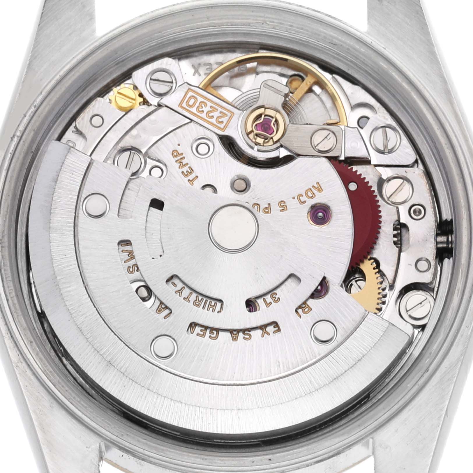 The image shows the movement mechanism of a Rolex Oyster Perpetual 76193 Women
s Steel and Gold (two tone) Champagne Dial 76193 Women
s Steel and Gold (two tone) Champagne Dial watch from a top-down angle, revealing gears and rotors.