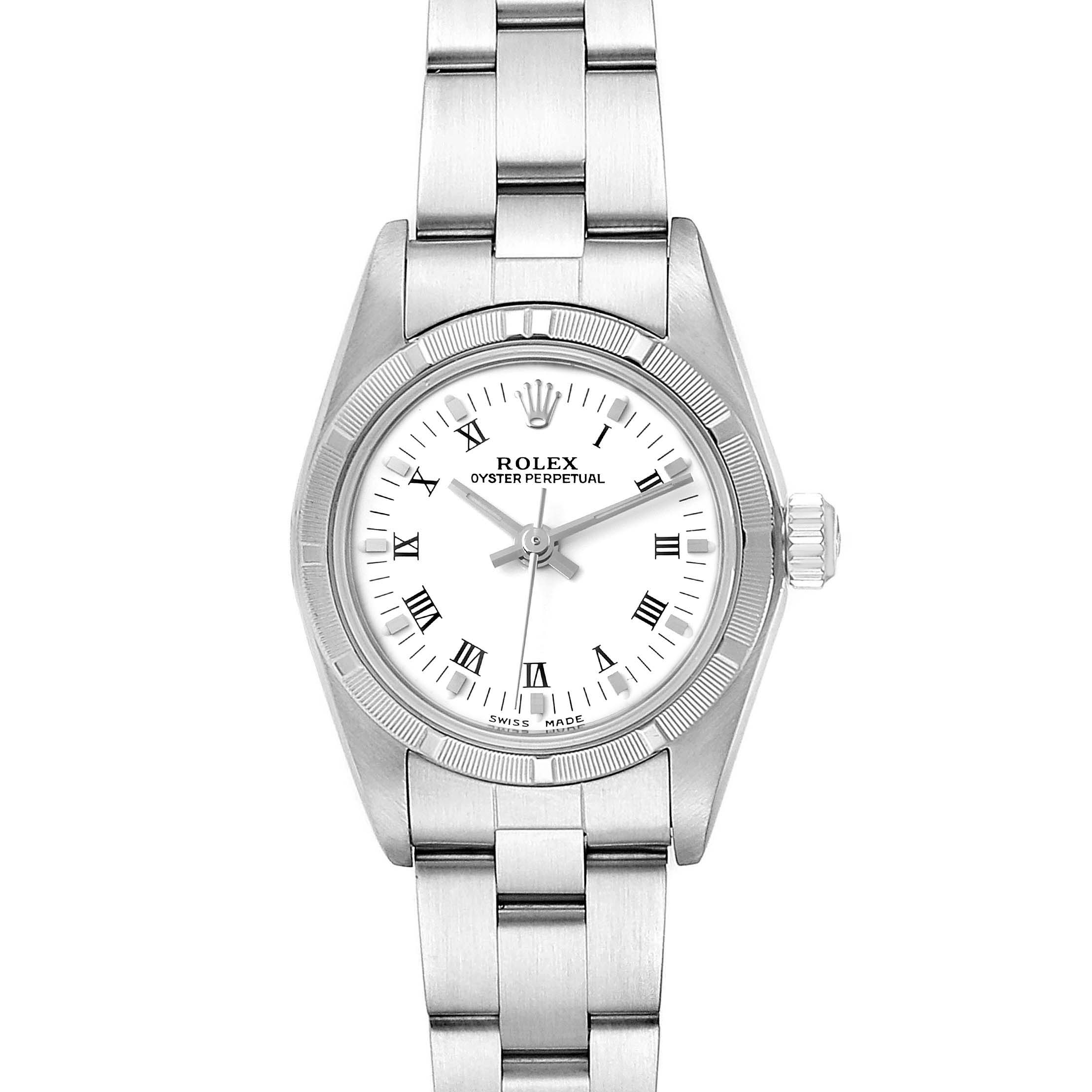 The image shows a front view of a Rolex Oyster Perpetual 76030 Women's Stainless Steel White Dial 76030 Women's Stainless Steel White Dial watch, highlighting the dial, bracelet, and crown.