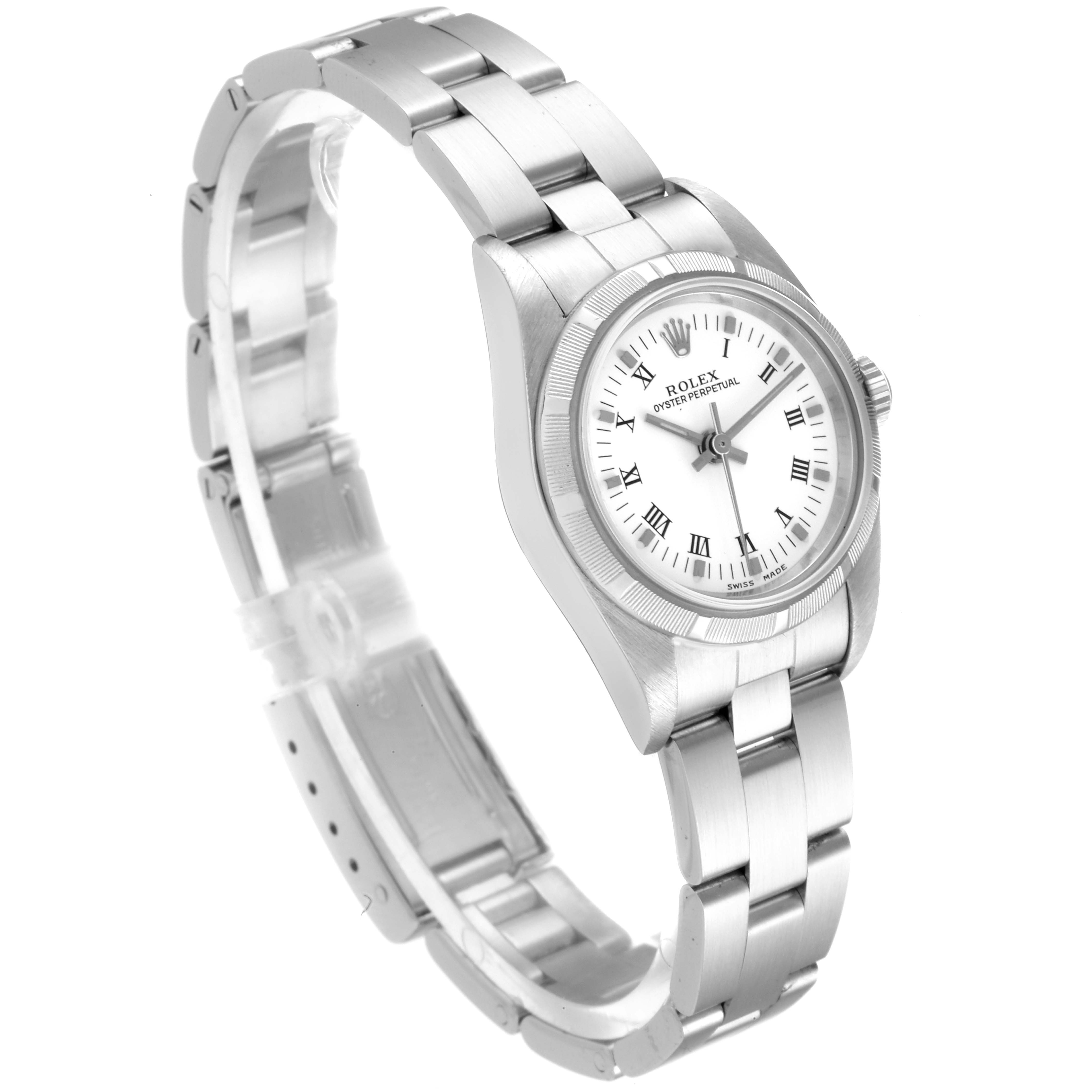 The Rolex Oyster Perpetual 76030 Women's Stainless Steel White Dial 76030 Women's Stainless Steel White Dial watch is shown at a three-quarter angle, highlighting the face, bezel, and bracelet.