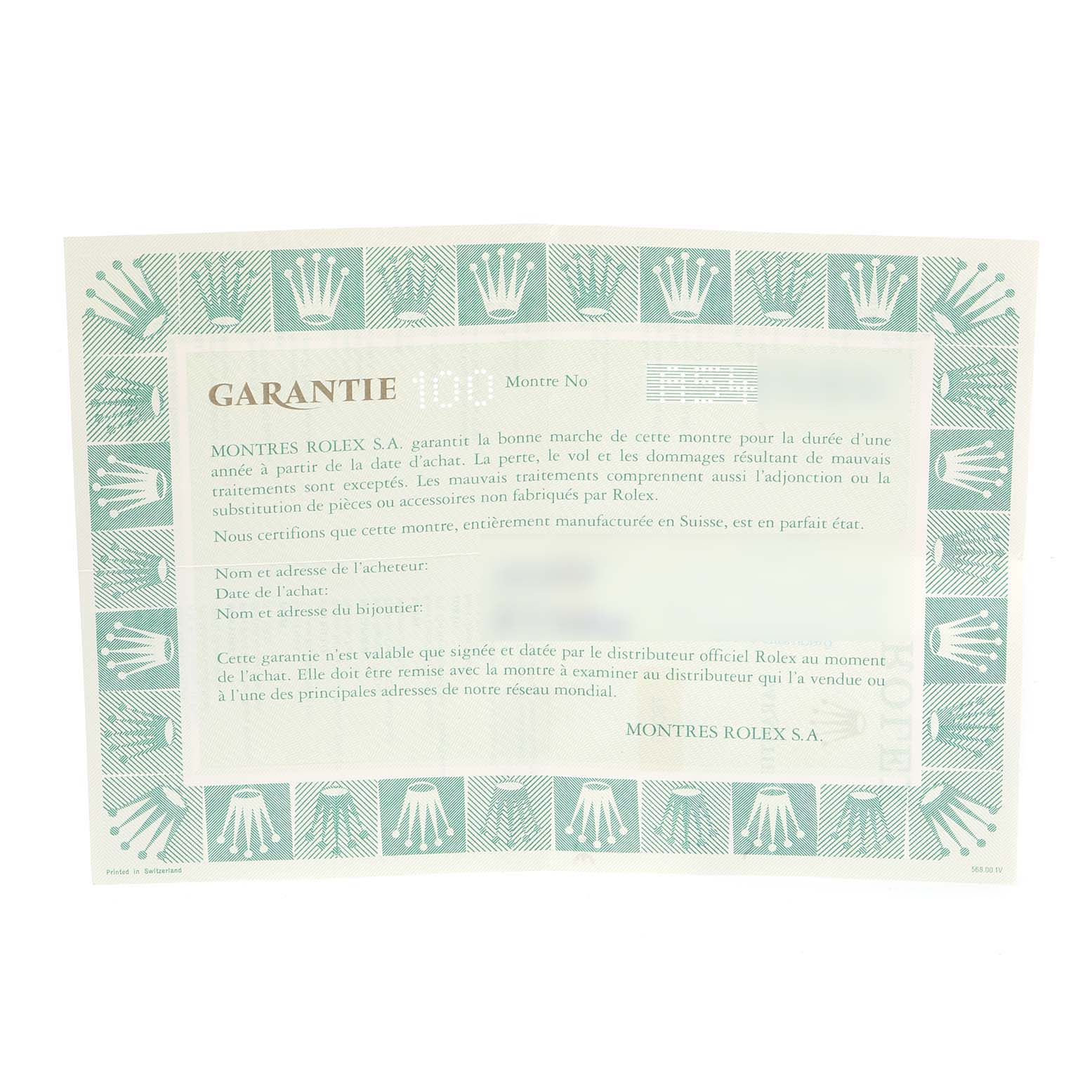 The image shows a warranty card for a Rolex Oyster Perpetual 76030 Women's Stainless Steel White Dial 76030 Women's Stainless Steel White Dial watch, detailing purchase information and guarantee.