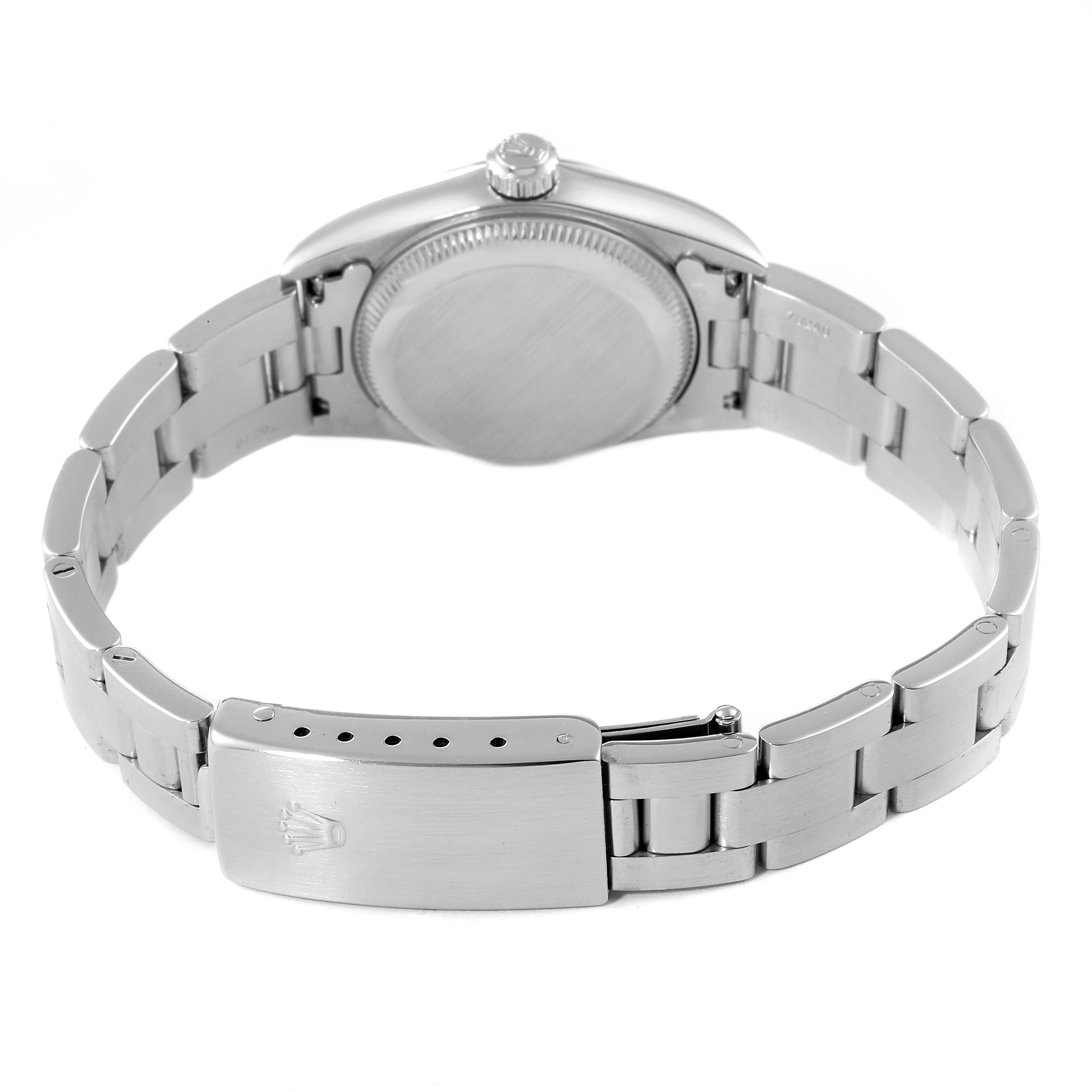 The image shows the back view of a Rolex Oyster Perpetual 76030 Women's Stainless Steel White Dial 76030 Women's Stainless Steel White Dial watch, highlighting its bracelet and clasp.