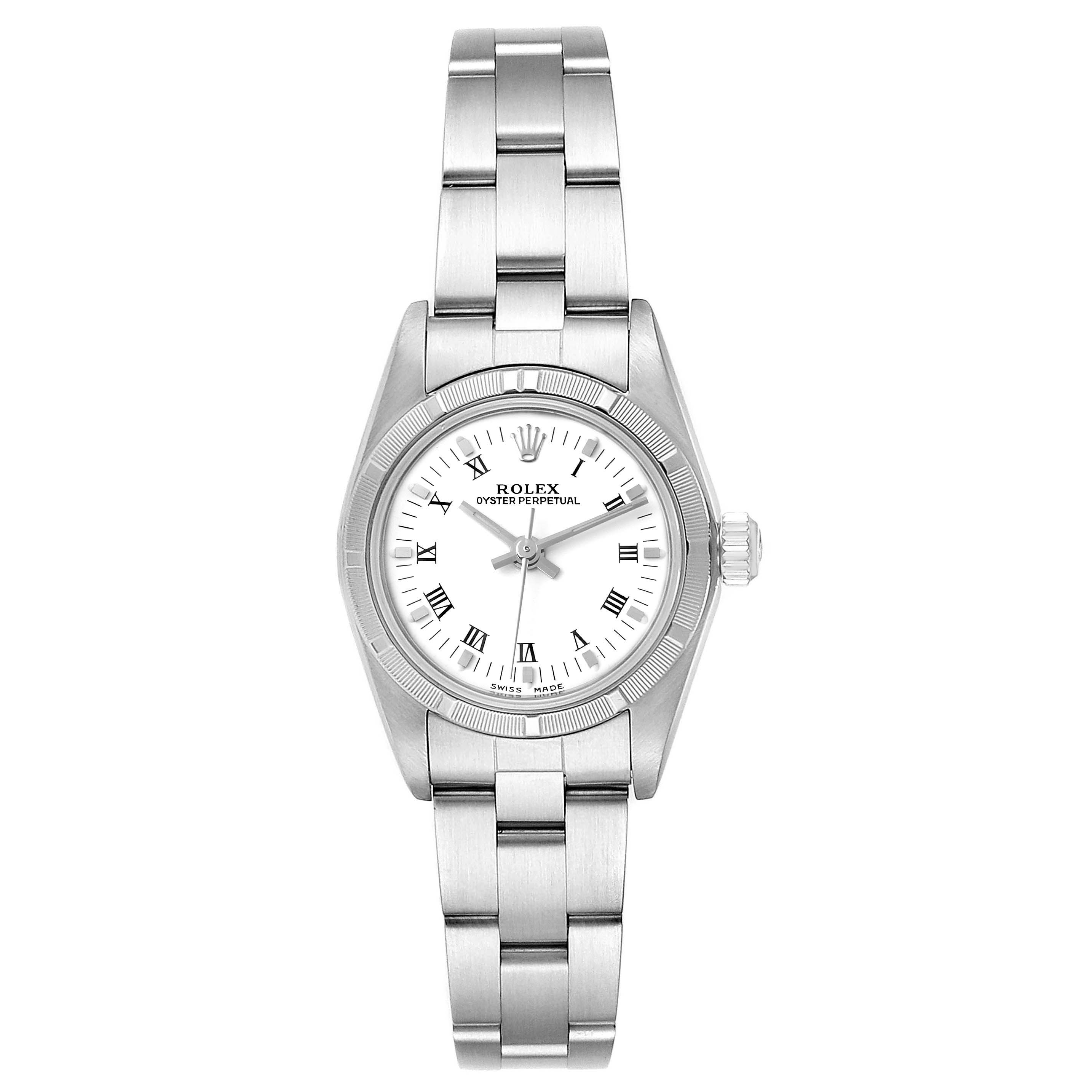 This is a front view of a Rolex Oyster Perpetual 76030 Women's Stainless Steel White Dial 76030 Women's Stainless Steel White Dial watch, showing the dial, bezel, crown, and bracelet.
