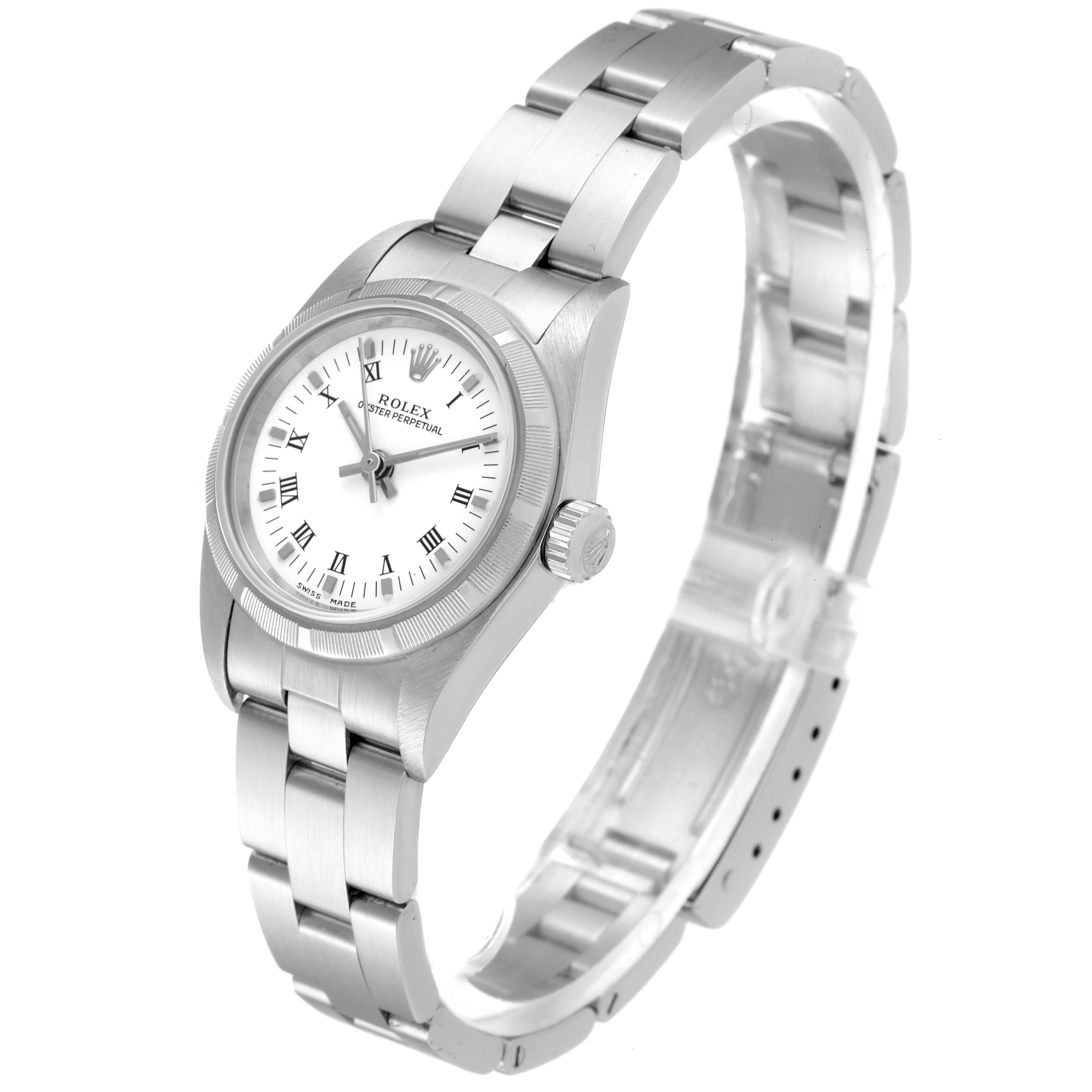 This image displays a Rolex Oyster Perpetual 76030 Women's Stainless Steel White Dial 76030 Women's Stainless Steel White Dial model watch from an angled perspective, showing the face, bezel, bracelet, and clasp.