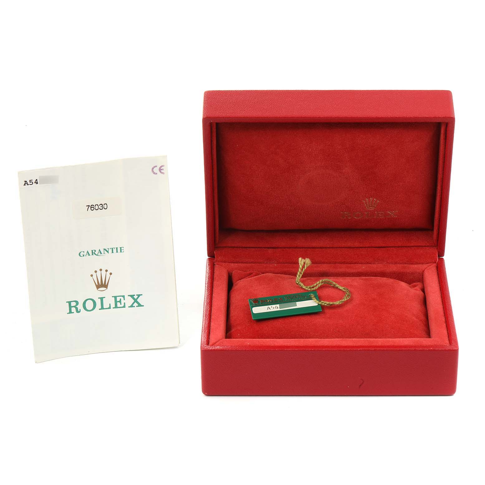 The image shows a Rolex Oyster Perpetual 76030 Women's Stainless Steel White Dial 76030 Women's Stainless Steel White Dial watch box, a green tag, and a warranty certificate, all viewed from a frontal angle.