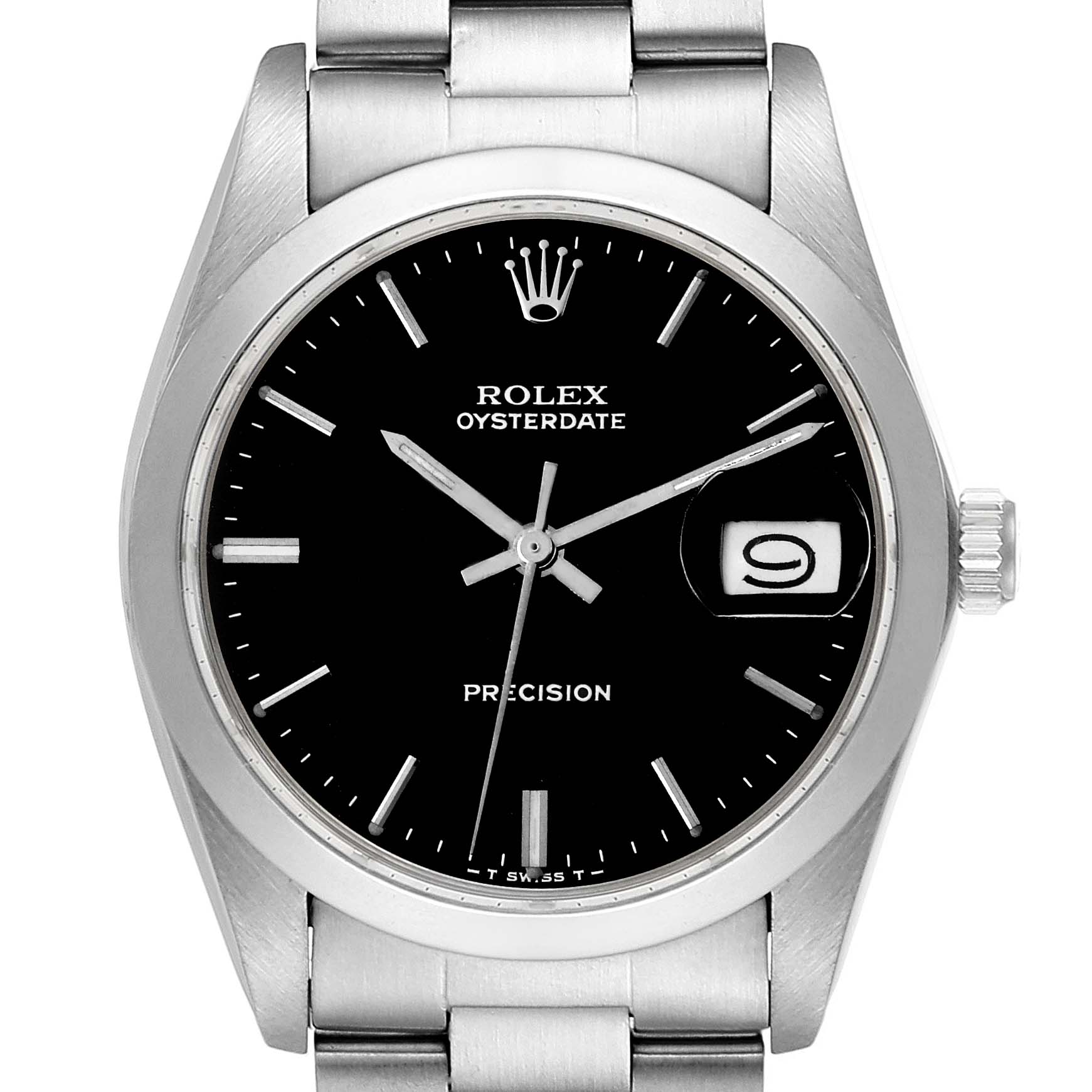 The image shows a front view of the Rolex Vintage Collection 6694 Men's Stainless Steel Black Dial 6694 Men's Stainless Steel Black Dial Oysterdate Precision watch, featuring its black dial and date window.