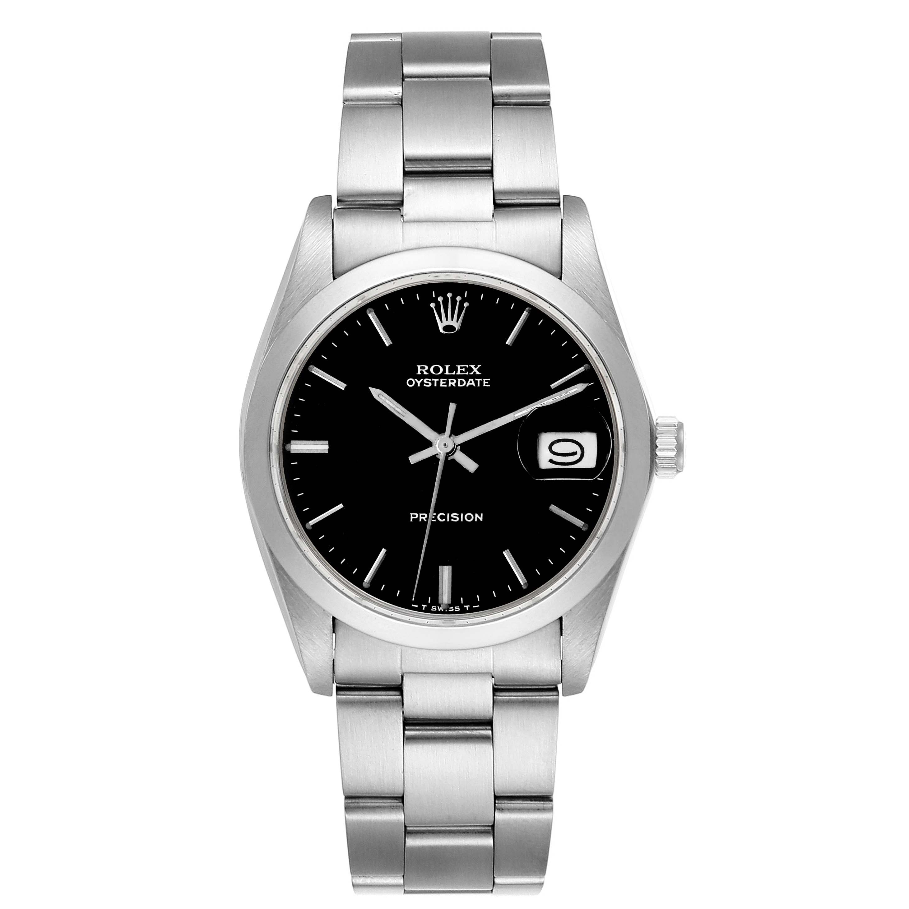 This is a front view of the Rolex Vintage Collection 6694 Men's Stainless Steel Black Dial 6694 Men's Stainless Steel Black Dial watch, showing the face, bezel, bracelet, and crown.