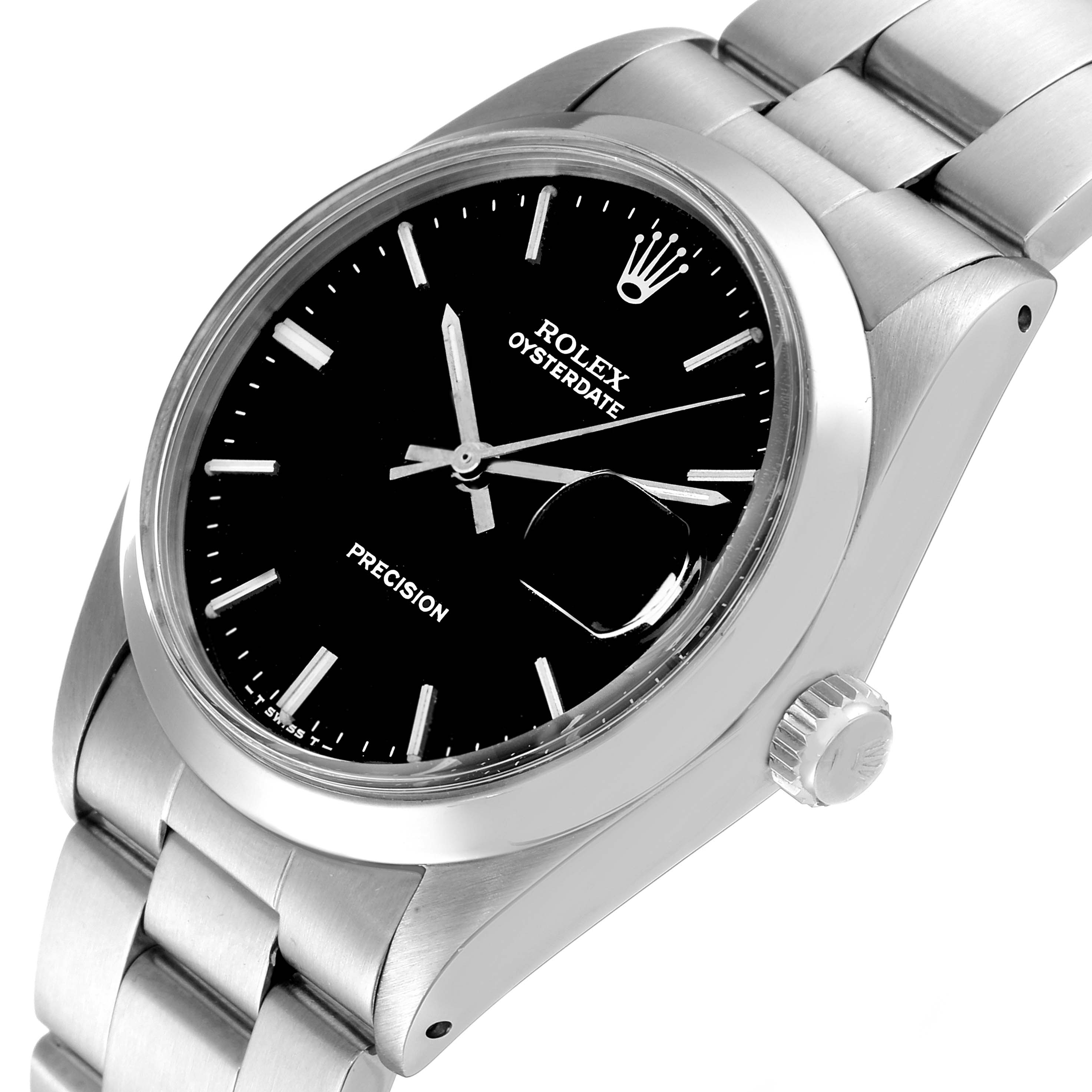 The image shows a close-up angle of the dial, bezel, crown, and bracelet of the Rolex Vintage Collection 6694 Men's Stainless Steel Black Dial 6694 Men's Stainless Steel Black Dial Oysterdate Precision watch.