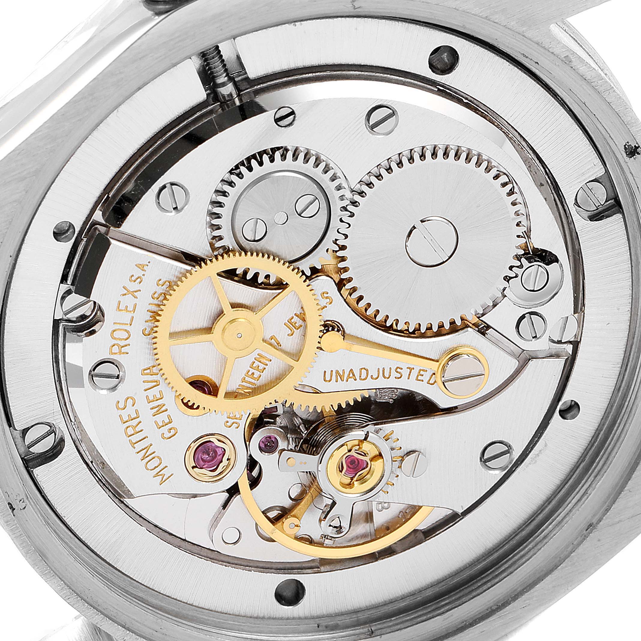 This image shows the intricate internal mechanical movement of the Rolex Vintage Collection 6694 Men's Stainless Steel Silver Dial 6694 Men's Stainless Steel Silver Dial model from a close-up angle.