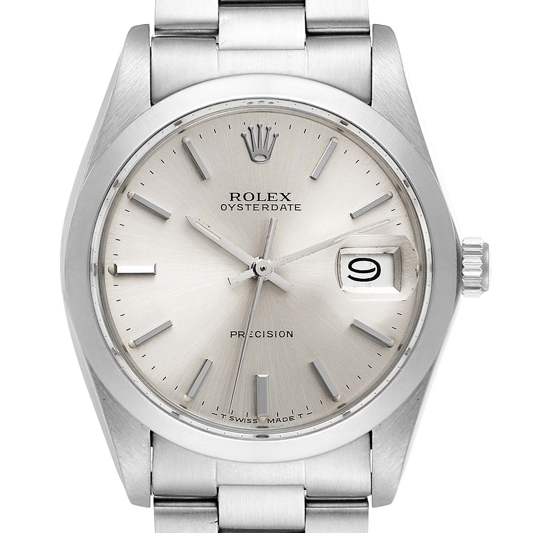This image shows a front view of the Rolex Vintage Collection 6694 Men's Stainless Steel Silver Dial 6694 Men's Stainless Steel Silver Dial Oysterdate watch, featuring the watch face, dial, hands, and bracelet.