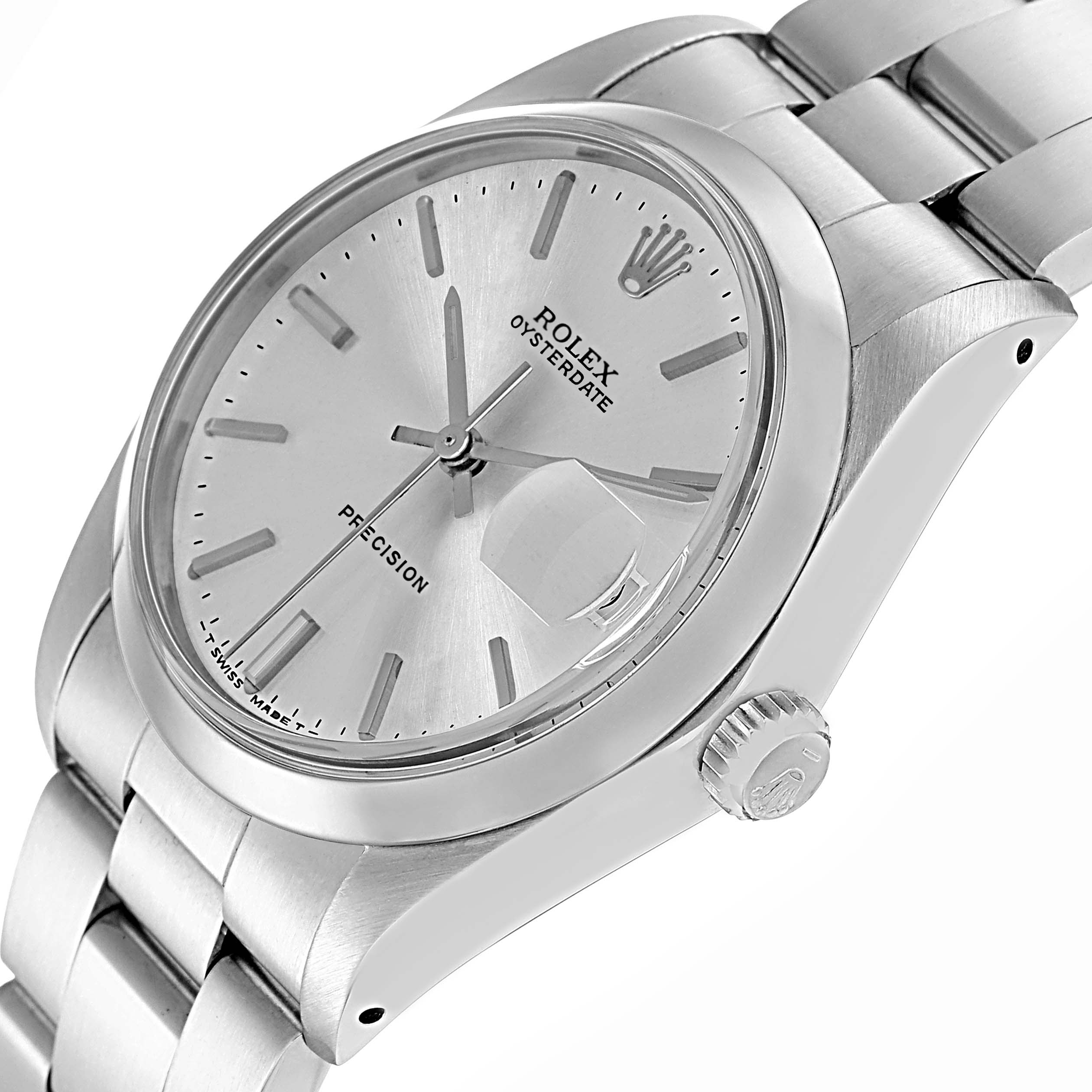 The Rolex Vintage Collection 6694 Men
s Stainless Steel Silver Dial 6694 Men
s Stainless Steel Silver Dial watch is shown at an angled side view, displaying the face, crown, and a section of the bracelet.
