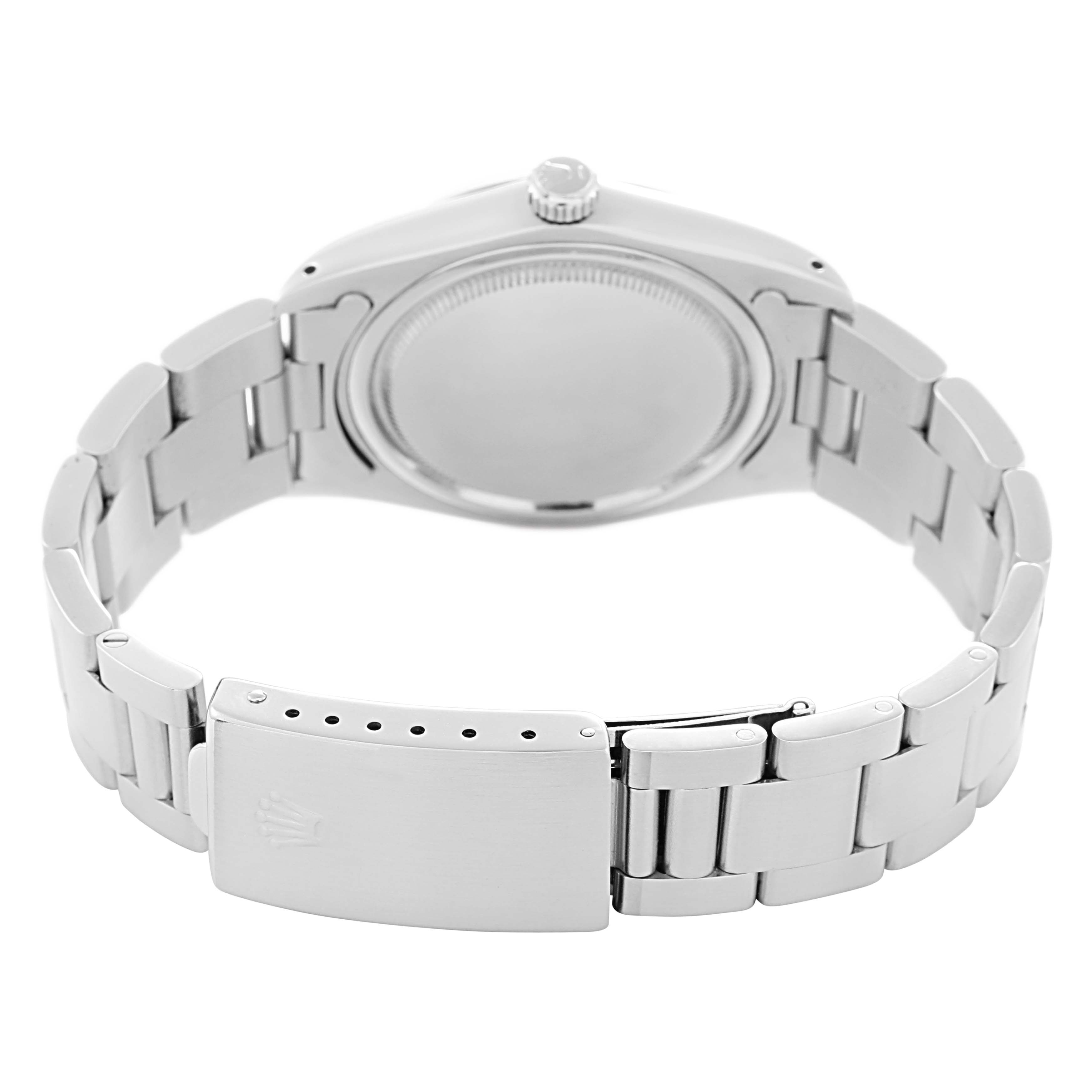 The Rolex Vintage Collection 6694 Men
s Stainless Steel Silver Dial 6694 Men
s Stainless Steel Silver Dial watch is shown from the back, highlighting the closed clasp and bracelet.