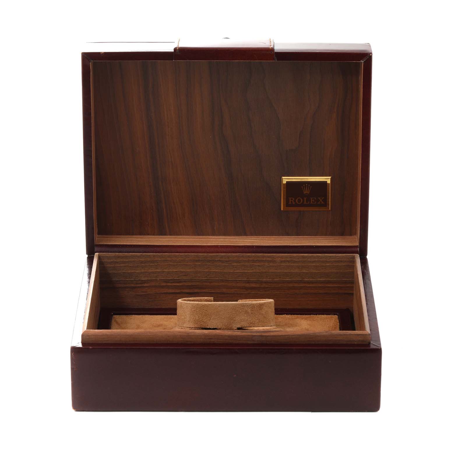 The image shows an open wooden watch box for a Rolex Oysterquartz 19018 Men's Yellow Gold Champagne Dial 19018 Men's Yellow Gold Champagne Dial model, featuring a plush cushion inside.