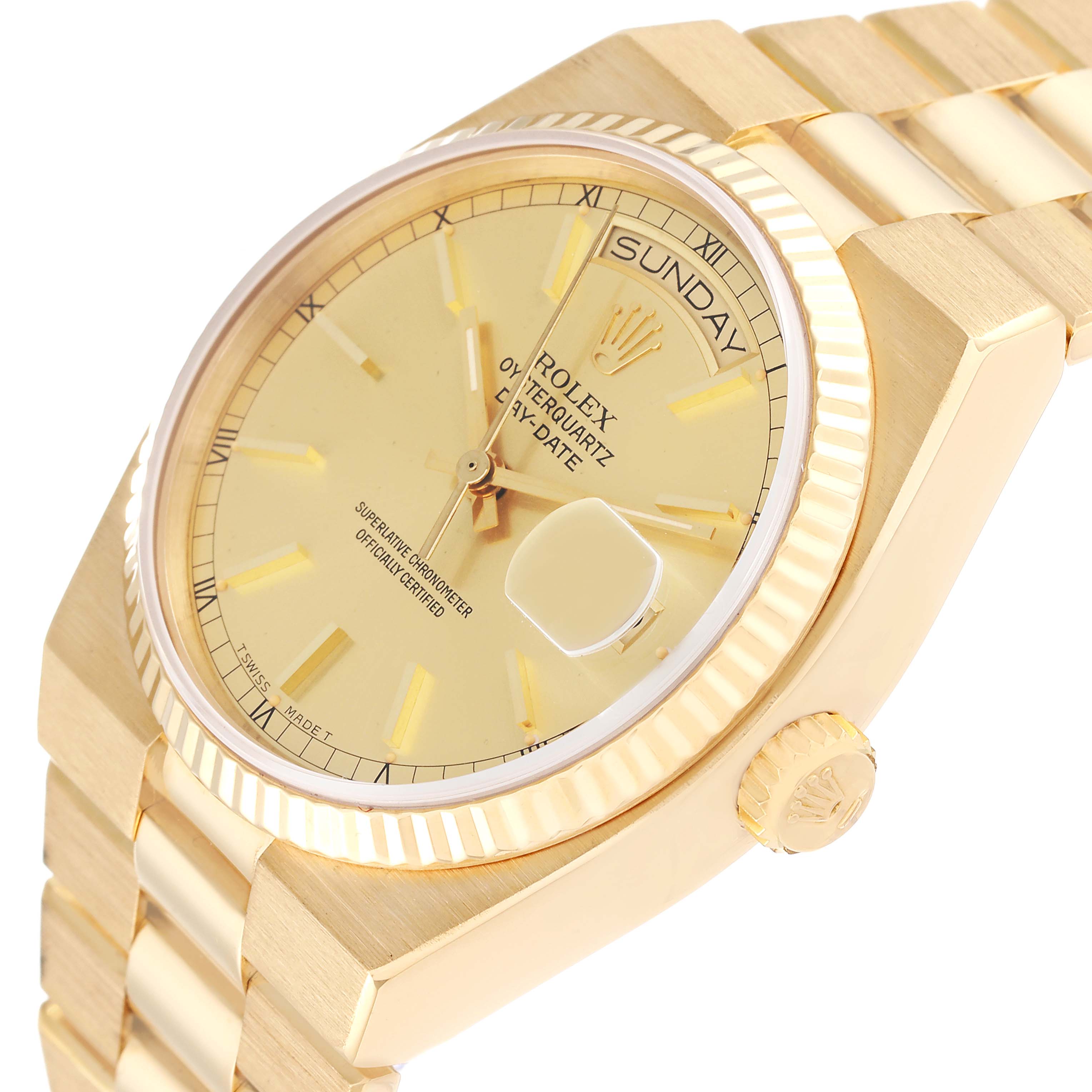 This Rolex Oysterquartz 19018 Men's Yellow Gold Champagne Dial 19018 Men's Yellow Gold Champagne Dial watch is shown at an angle highlighting the dial, day-date display, crown, and part of the bracelet.