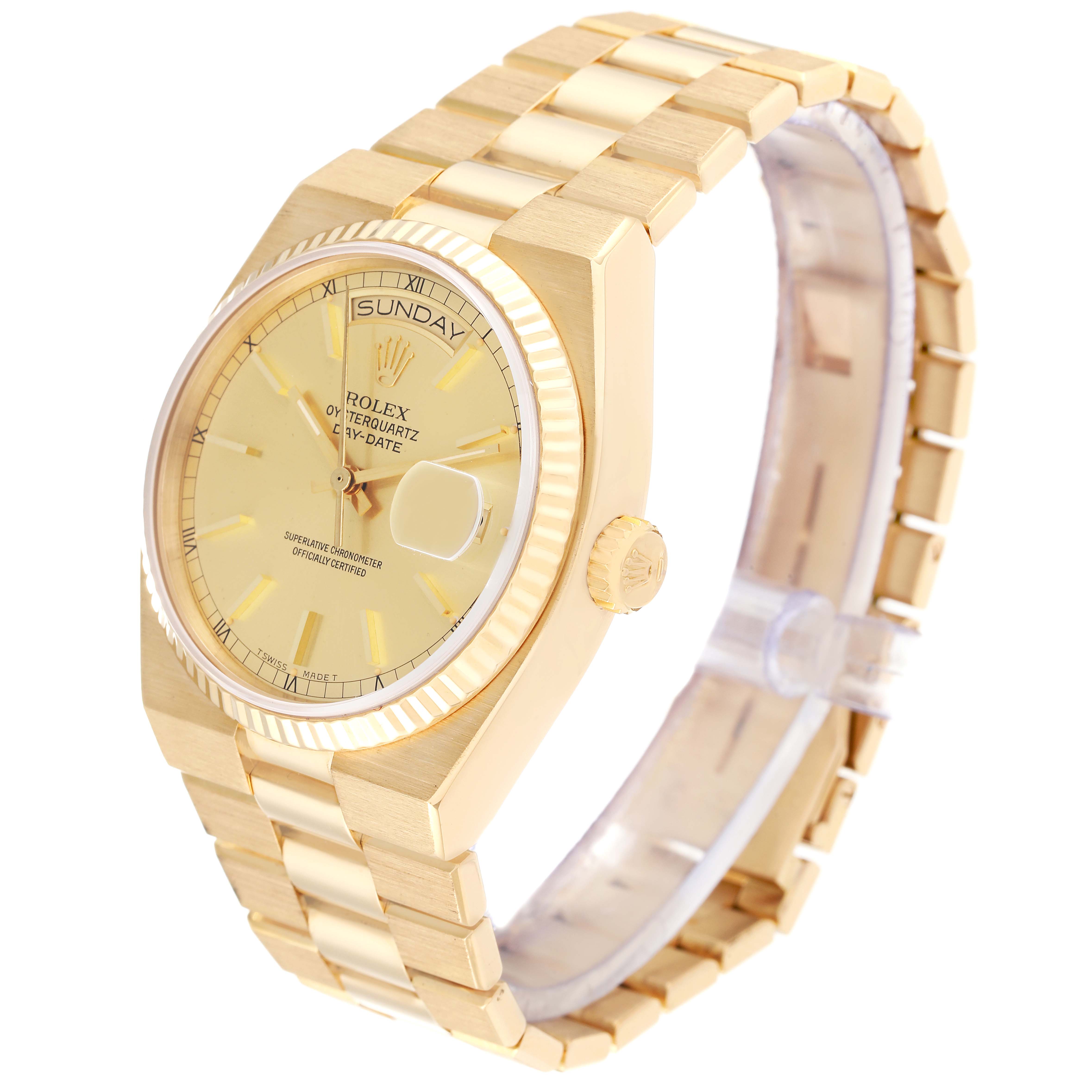 This image shows a side angle view of a Rolex Oysterquartz 19018 Men's Yellow Gold Champagne Dial 19018 Men's Yellow Gold Champagne Dial watch, including the face, bracelet, and crown.