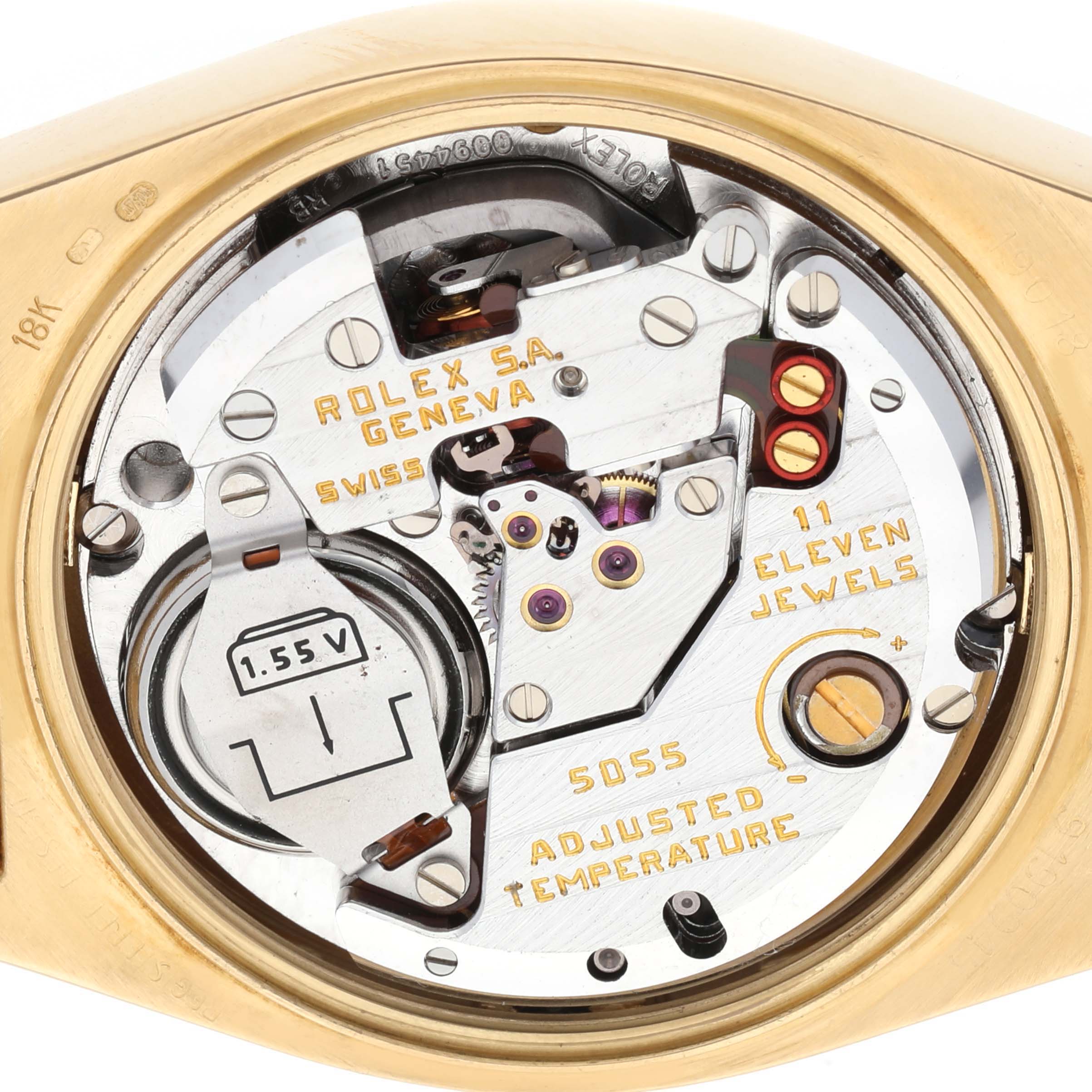 This image shows a close-up of the internal mechanism of a Rolex Oysterquartz 19018 Men's Yellow Gold Champagne Dial 19018 Men's Yellow Gold Champagne Dial watch.